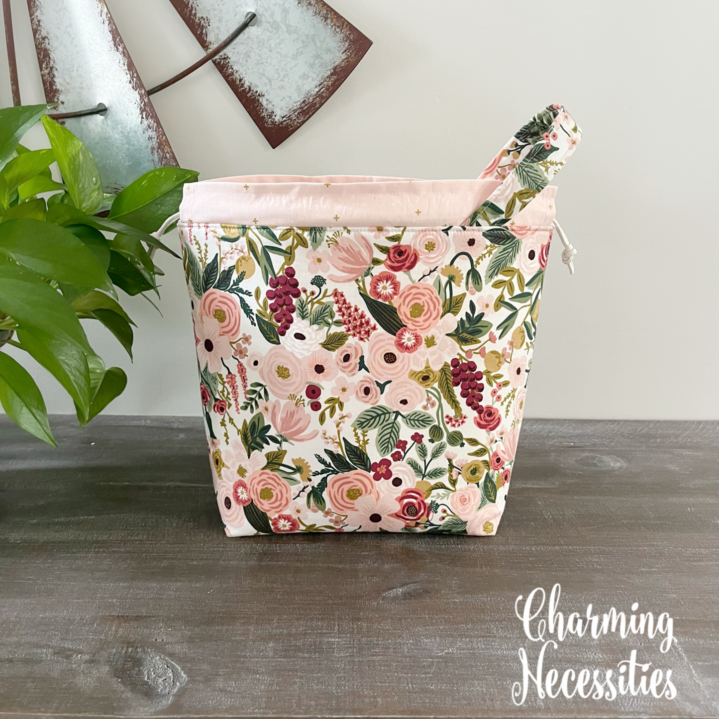 Knitting Project Bag, Rifle Paper Co Garden Party Pink Drawstring Tote