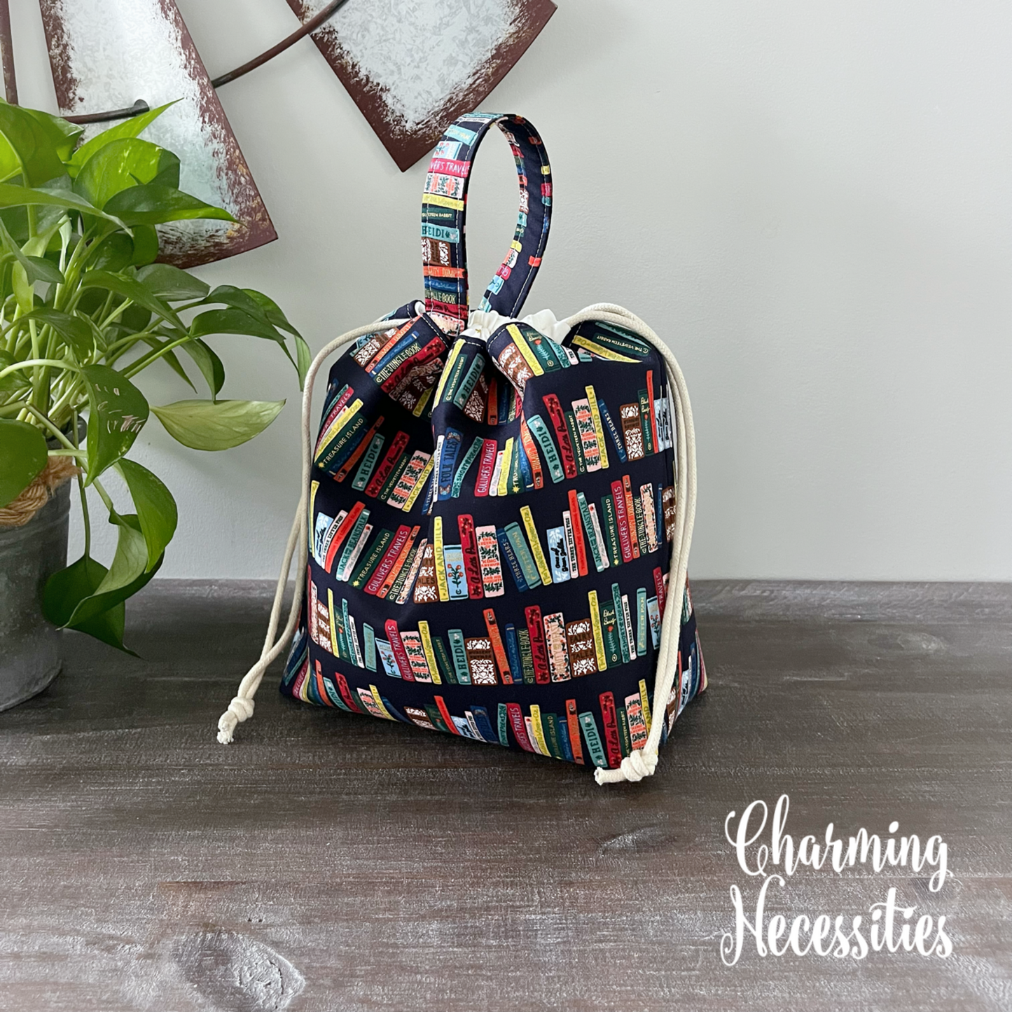Knitting Project Bag, Rifle Paper Co Book Club on Navy Drawstring Tote