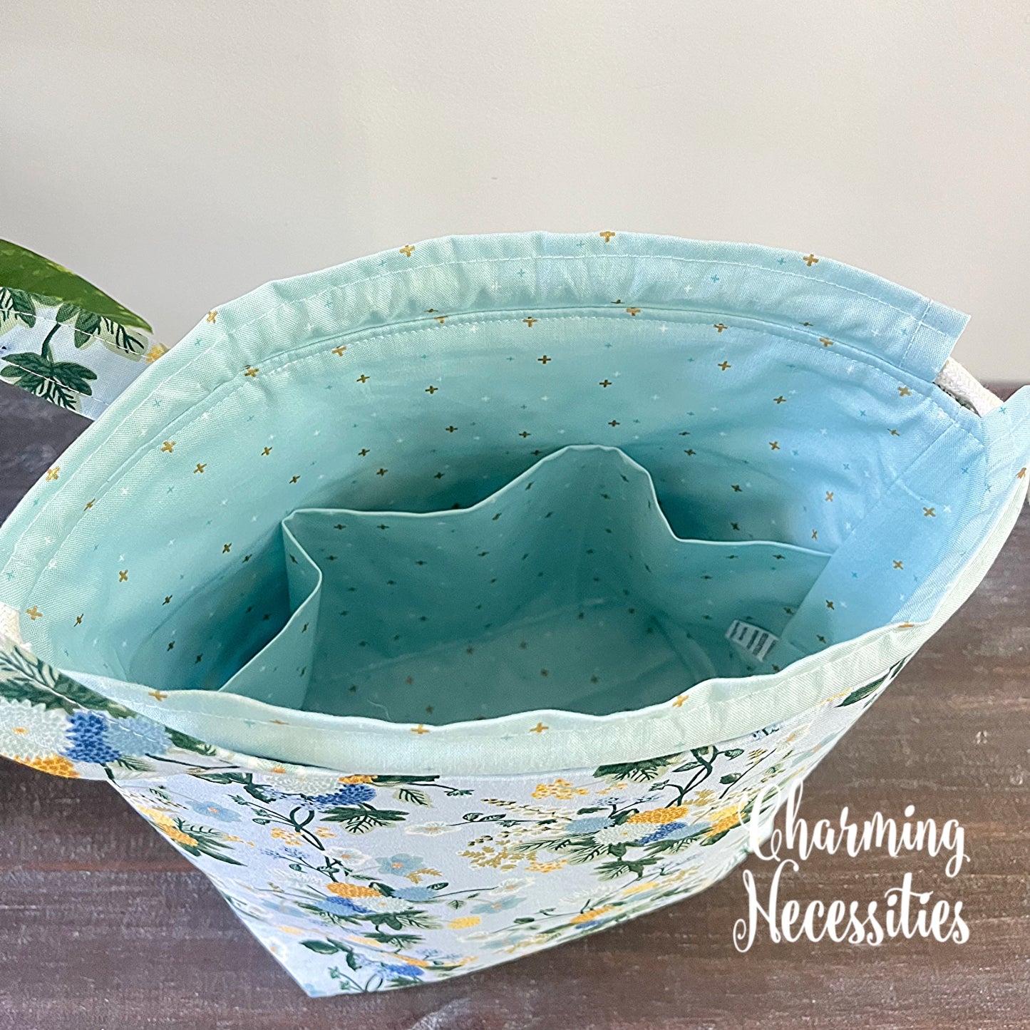Knitting Project Bag, Rifle Paper Co Dahlia Blue Drawstring Tote