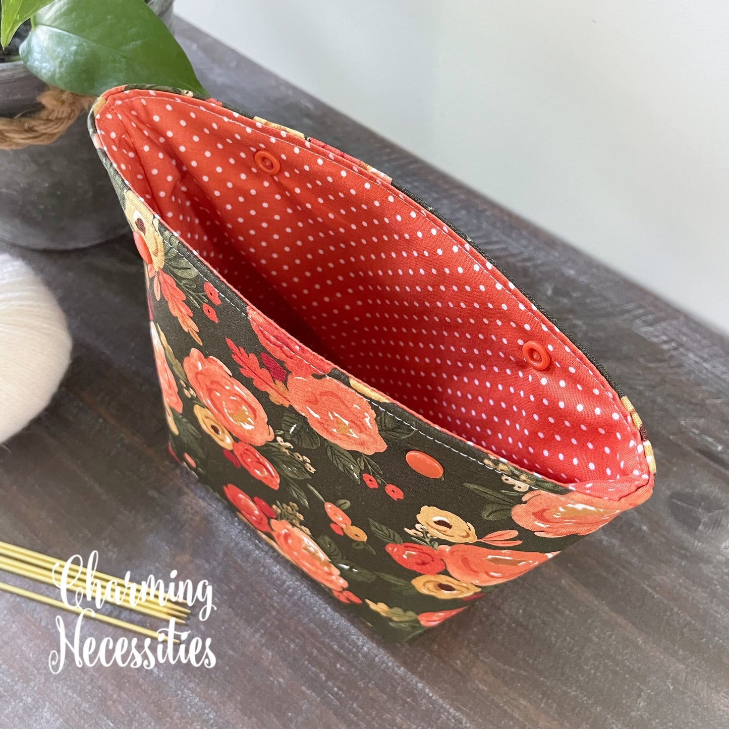 Small Snap Project Bag, Fall Watercolor Floral Crochet Sewing Pouch, Gifts for Knitters Crocheters