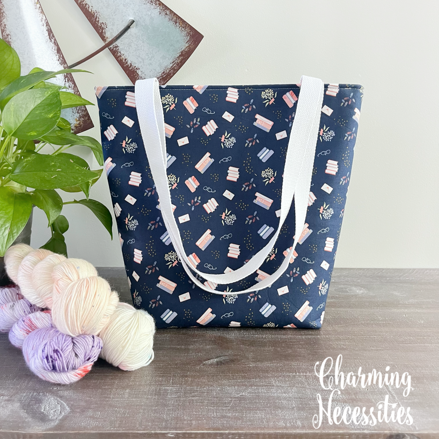 Tote Bag, Books on Navy Knitting Bag