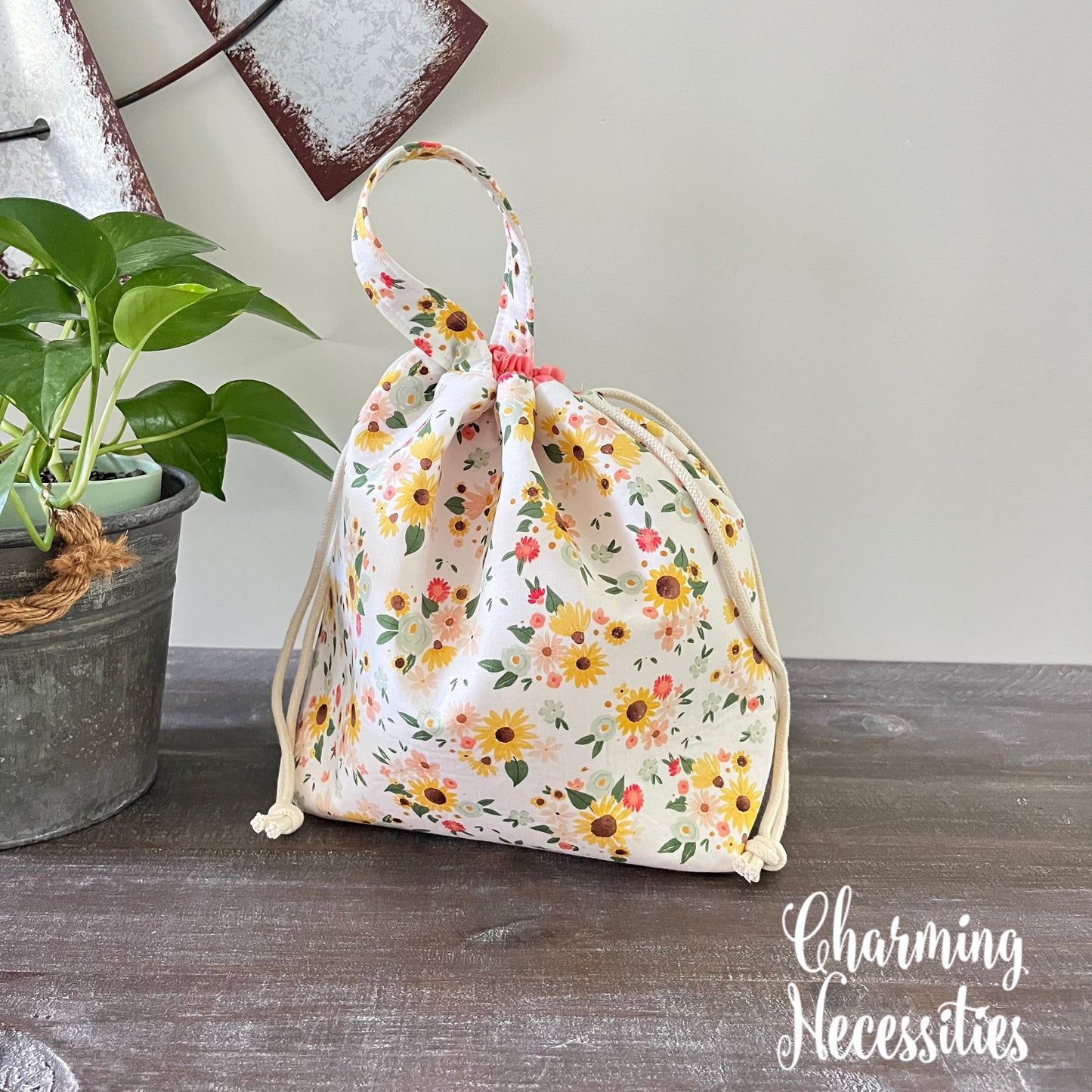 Knitting Project Bag, Spring Sunflowers Floral Drawstring Tote