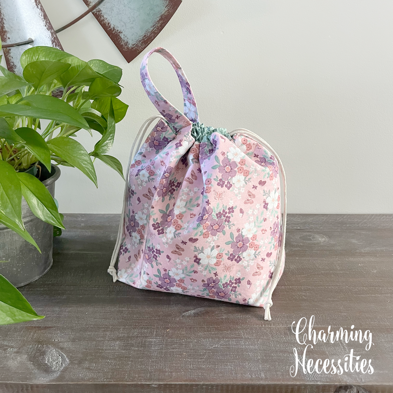 Knitting Project Bag, Floral & Butterflies Pink Mint Drawstring Tote
