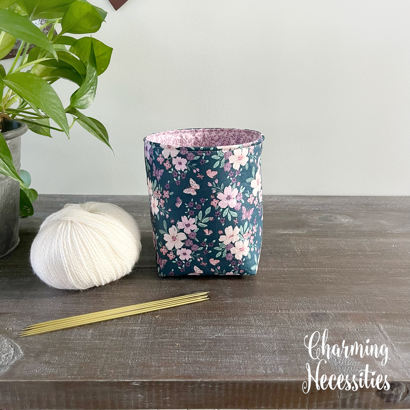 Yarn Bowl Cozy Basket, Floral & Butterflies Dark Blue Lavender, Knitting Accessories Yarn Storage Organization