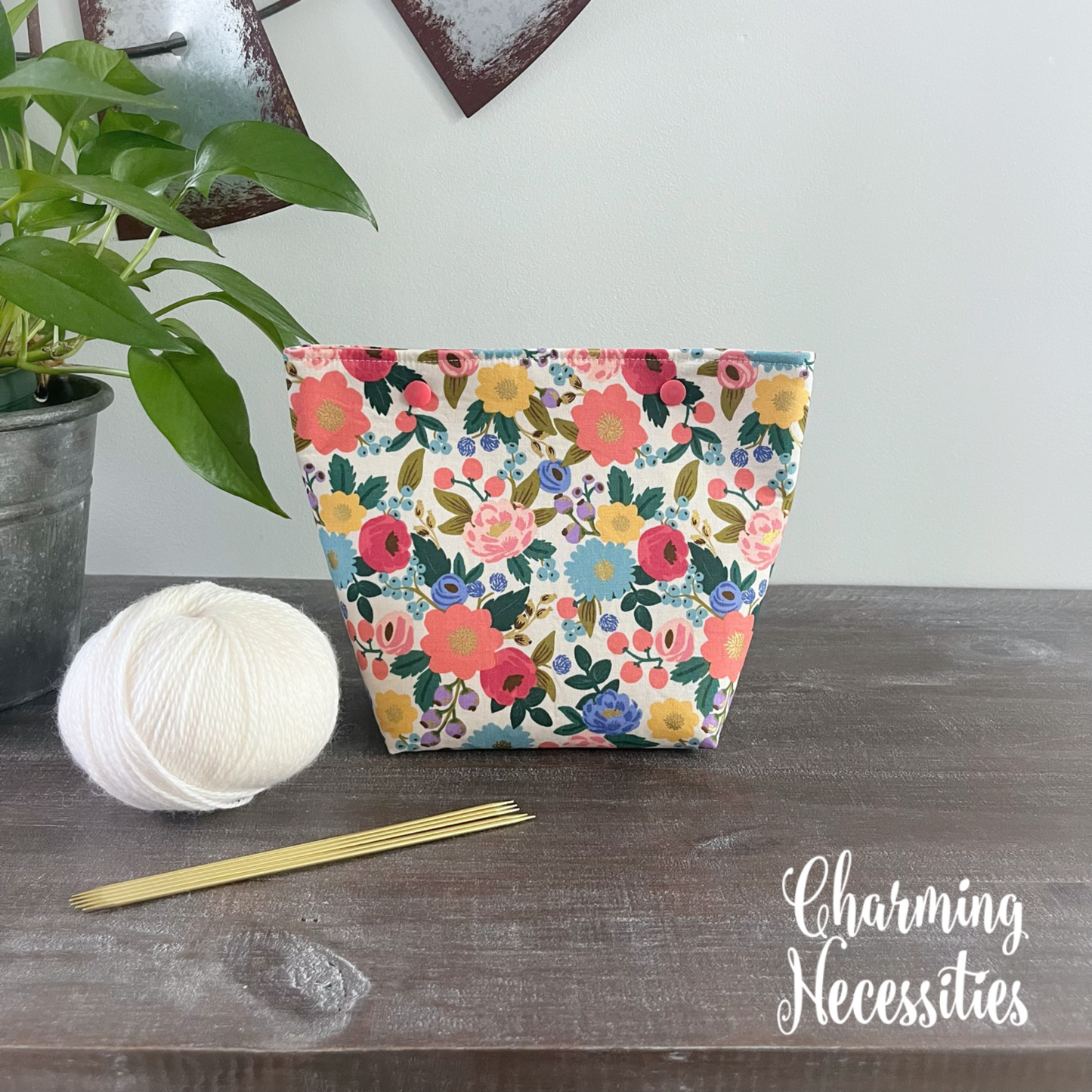 Small Snap Project Bag, Vintage Blossoms Ivory Crochet Sewing Pouch, Gifts for Knitters Crocheters