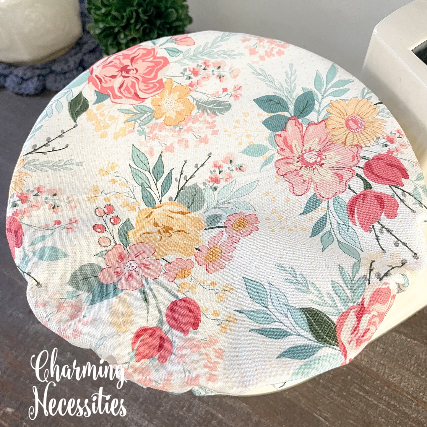 Reusable Fabric Bowl Covers – Cotton Covers for KitchenAid Mixers & Bread Baking, Pastel Floral Ivory