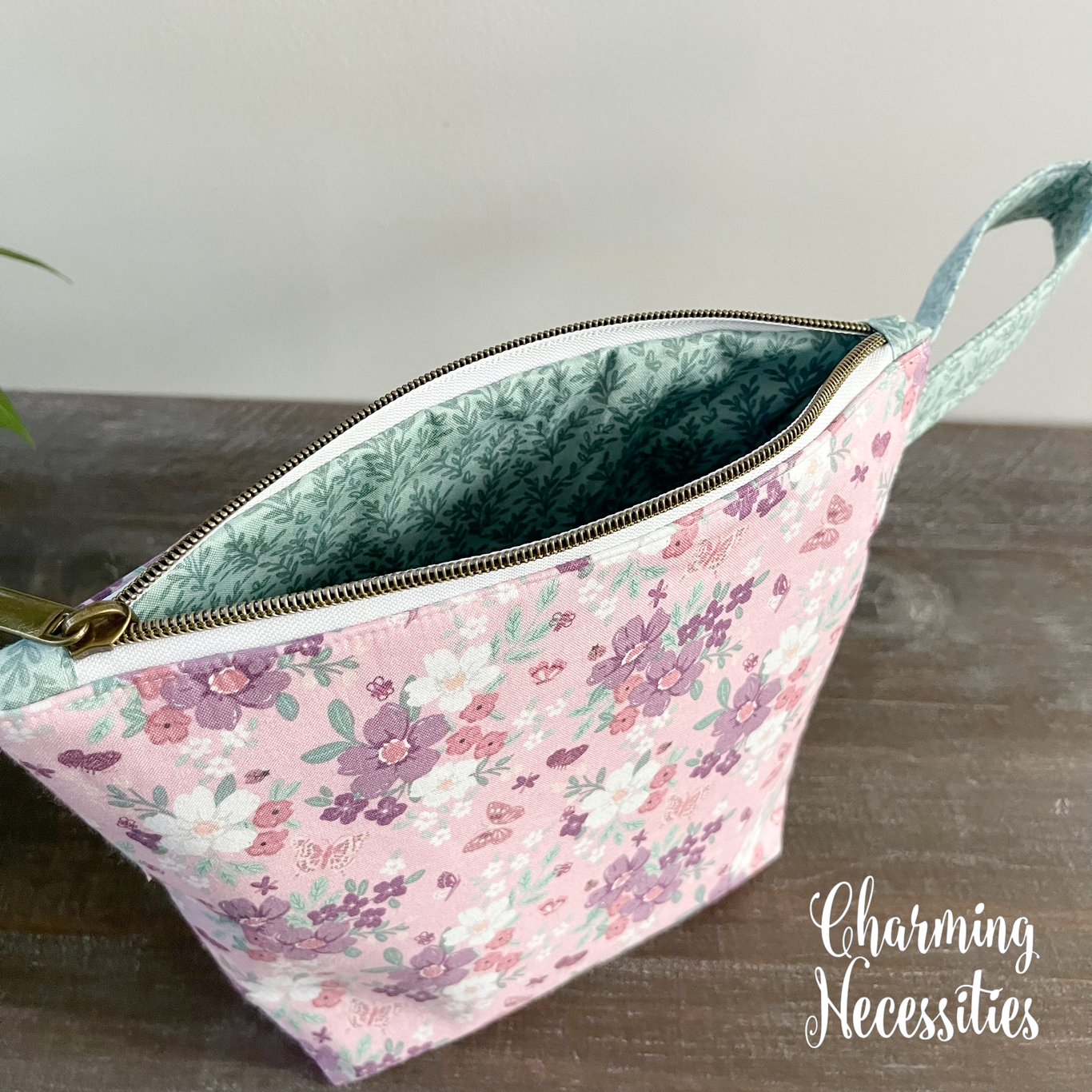Small Zipper Project Bag, Sock Knitting Bag Floral & Butterflies Pink Mint Tote, Crochet Sewing Pouch, Gifts for Knitters Crocheters