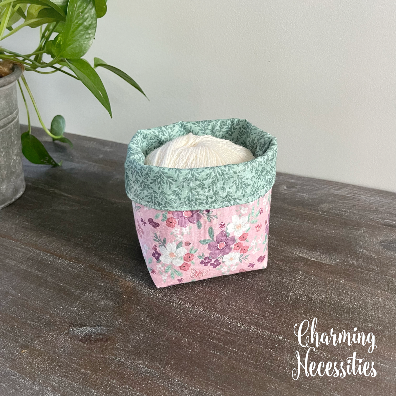 Yarn Bowl Cozy Basket, Floral & Butterflies Pink Mint, Knitting Accessories Yarn Storage Organization