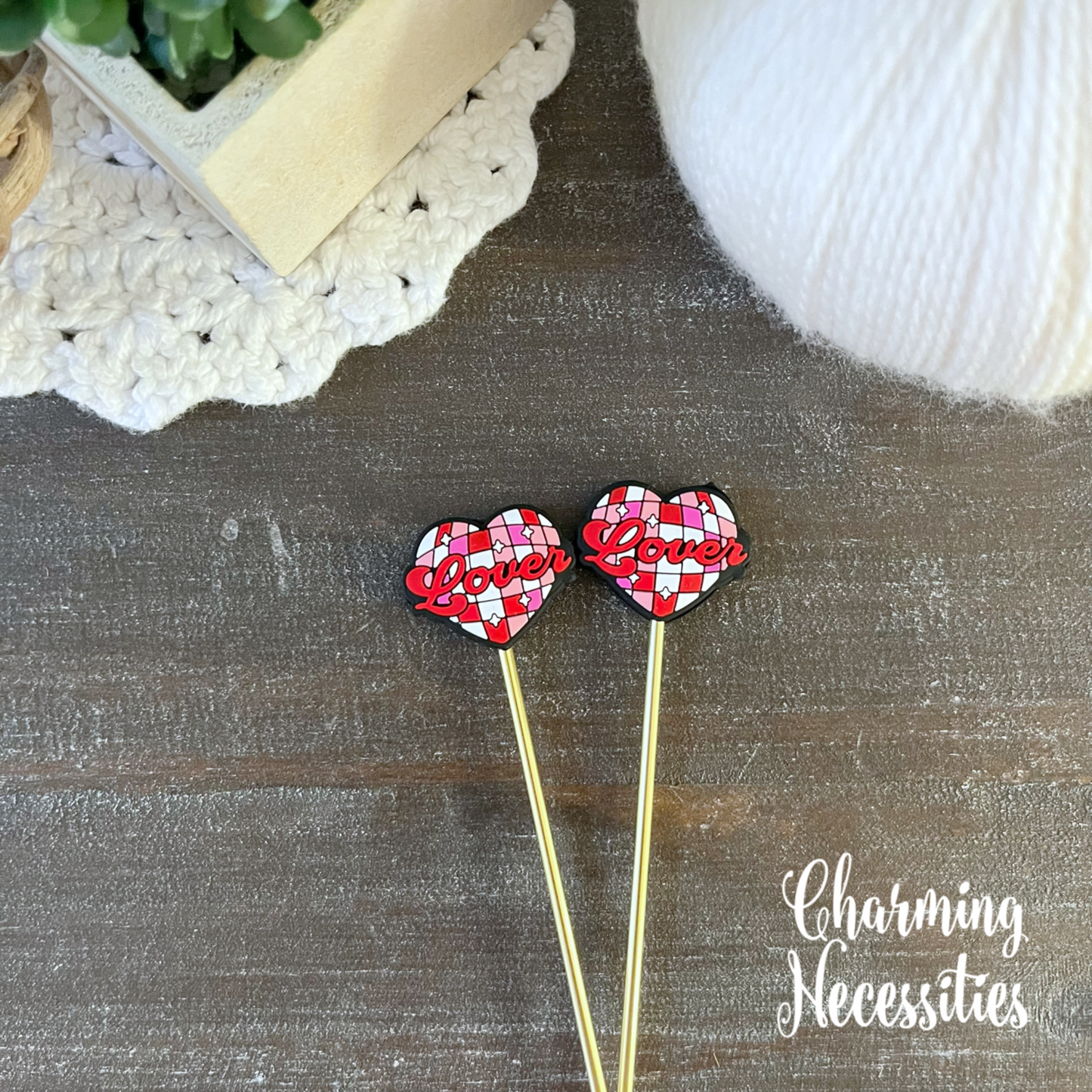 Valentines Stitch Stoppers, Disco Ball Lover Heart, Set of 2, Knitting Accessories, Stitch Holders, Gifts for Knitters under 10