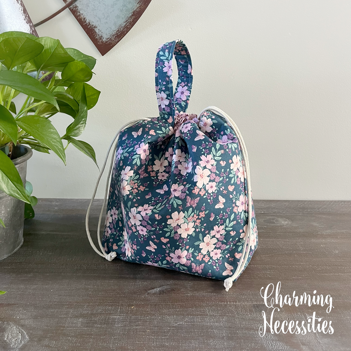 Knitting Project Bag, Floral & Butterflies Dark Blue Lavender Drawstring Tote
