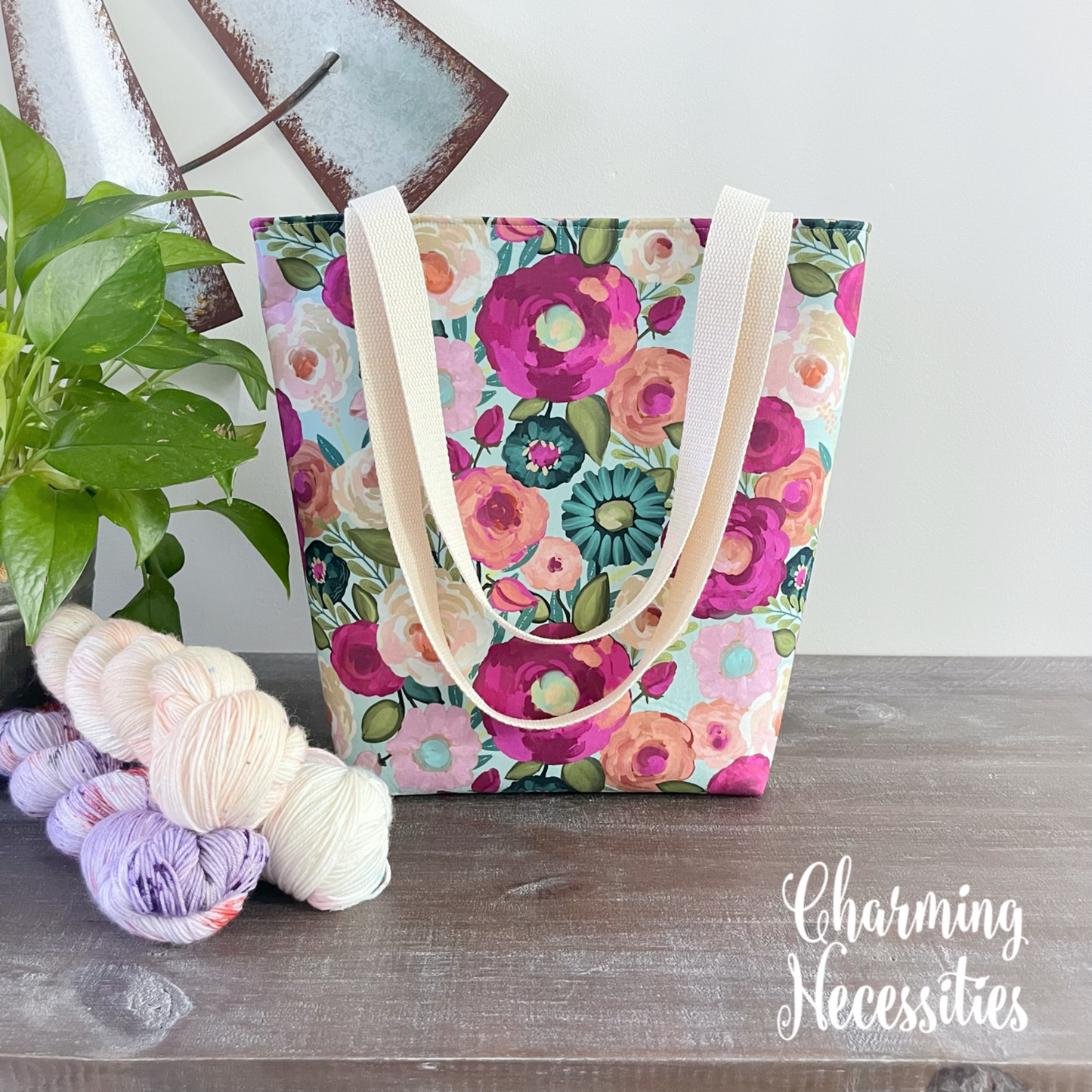 Tote Bag, Vibrant Floral Knitting Bag