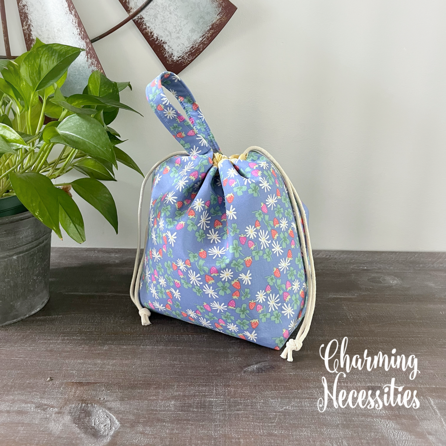 Knitting Project Bag, Strawberries on Blue Drawstring Tote