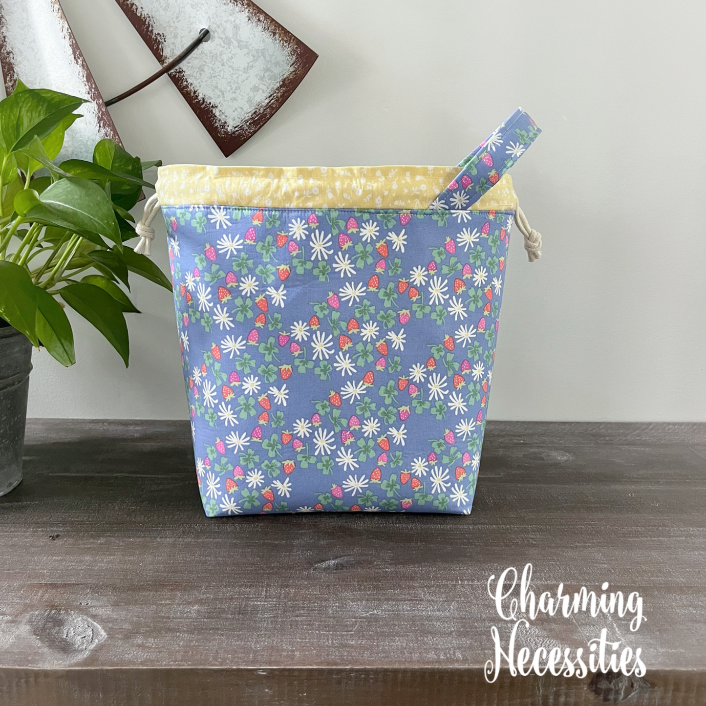 Knitting Project Bag, Strawberries on Blue Drawstring Tote