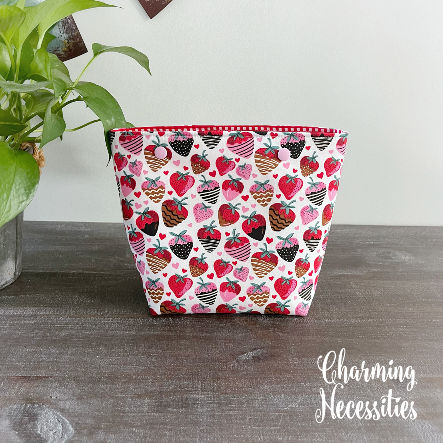 Small Snap Project Bag, Strawberries and Hearts, Crochet Sewing Pouch, Gifts for Knitters Crocheters