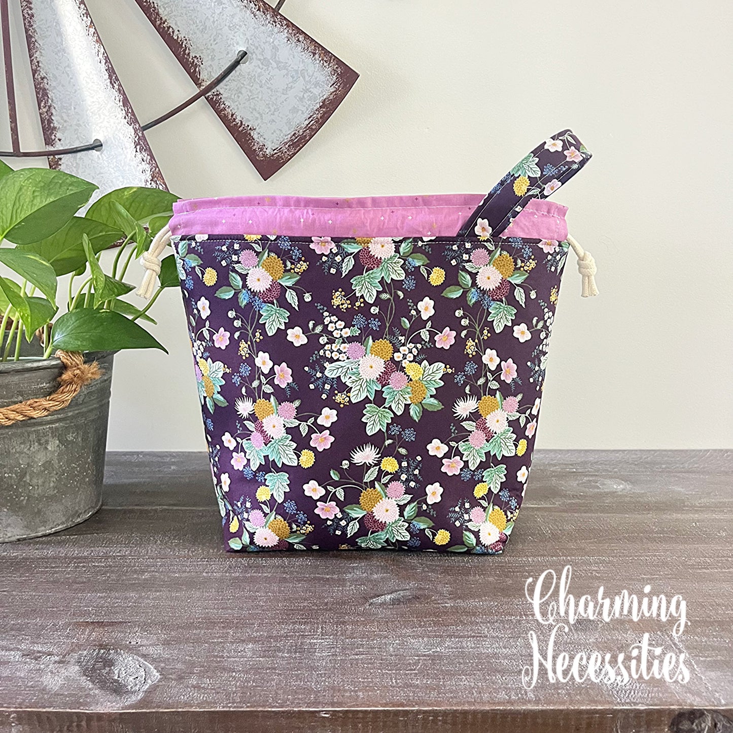 Knitting Project Bag, Rifle Paper Co Dahlia Aubergine Drawstring Tote