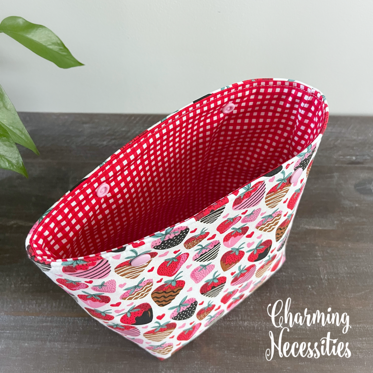 Small Snap Project Bag, Strawberries and Hearts, Crochet Sewing Pouch, Gifts for Knitters Crocheters