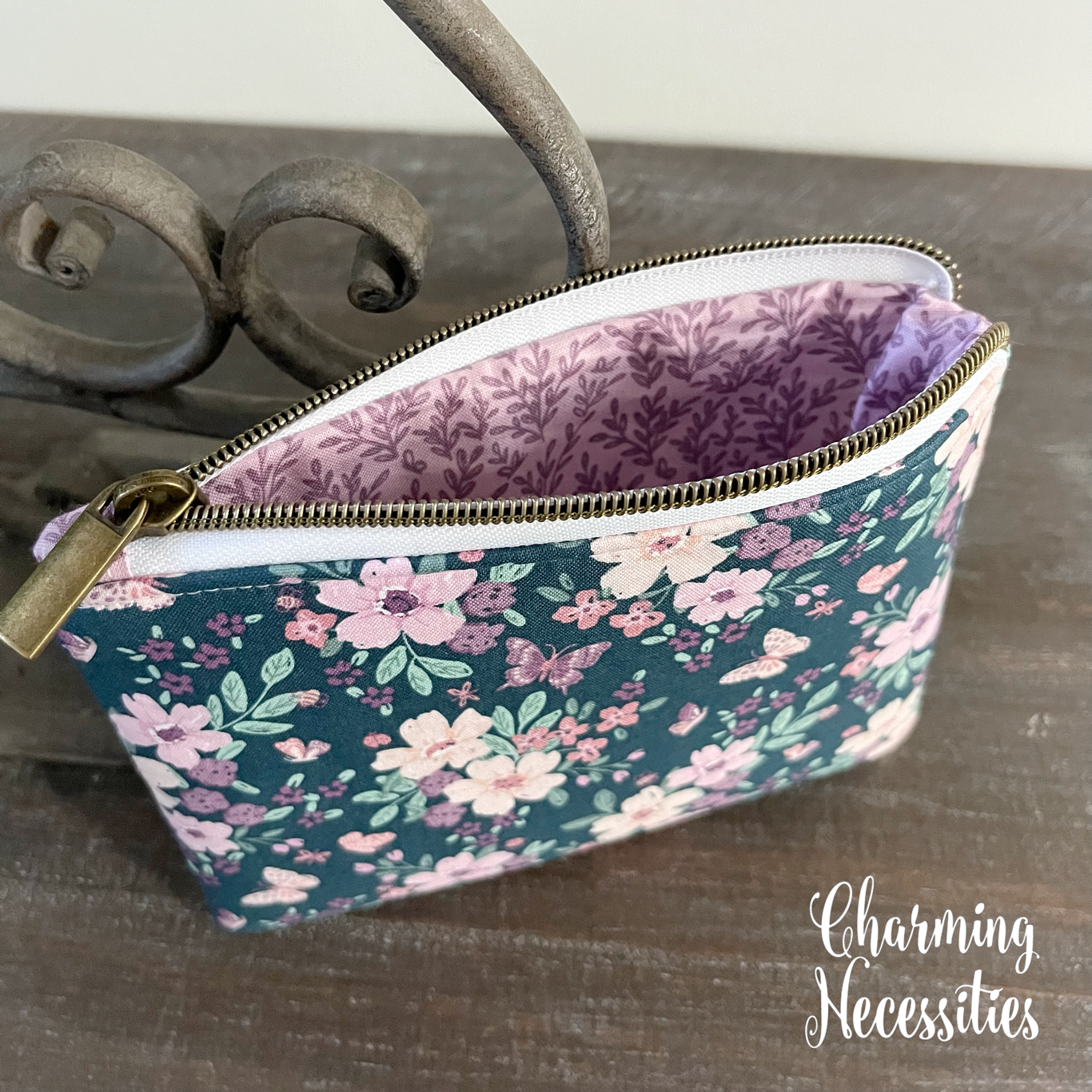 Notions Zipper Pouch, Floral Butterflies Dark Blue, Essentials Oils Pouch, Small Organization Bag