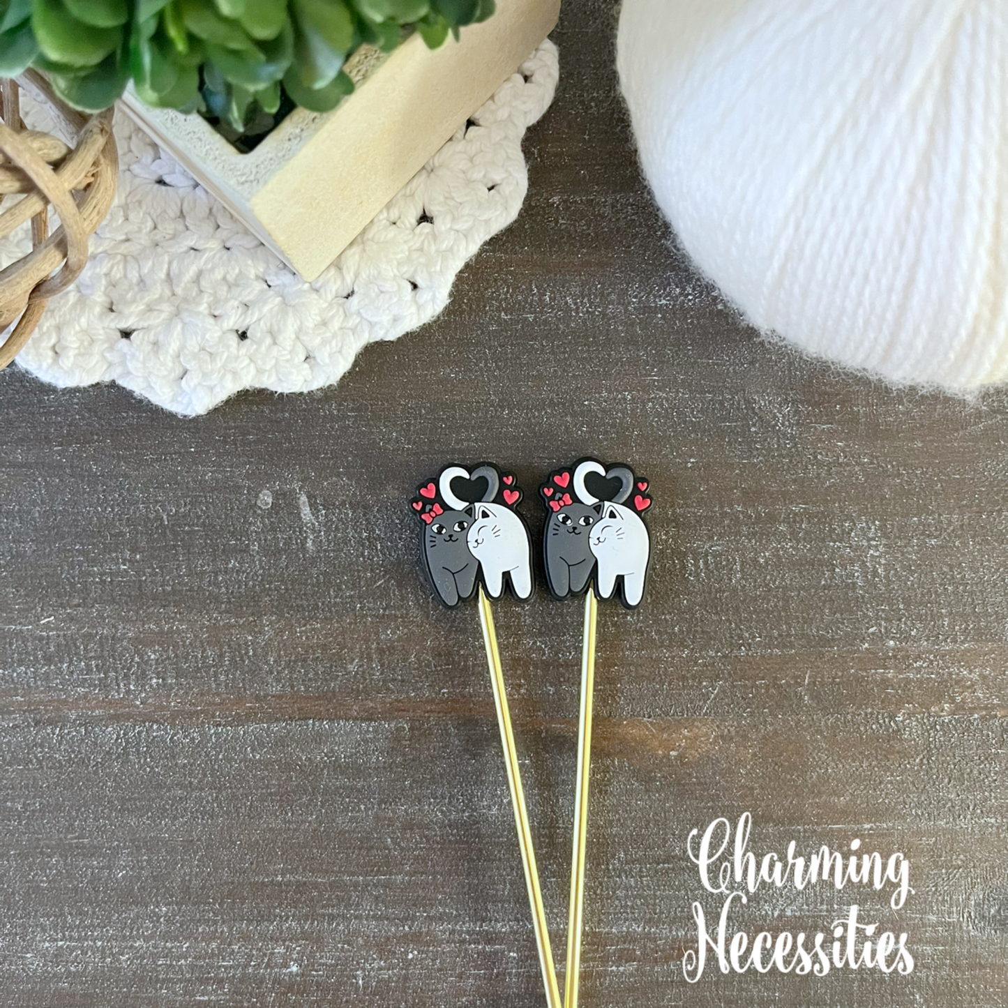 Valentines Stitch Stoppers, Cats and Hearts, Set of 2, Knitting Accessories, Stitch Holders, Gifts for Knitters under 10