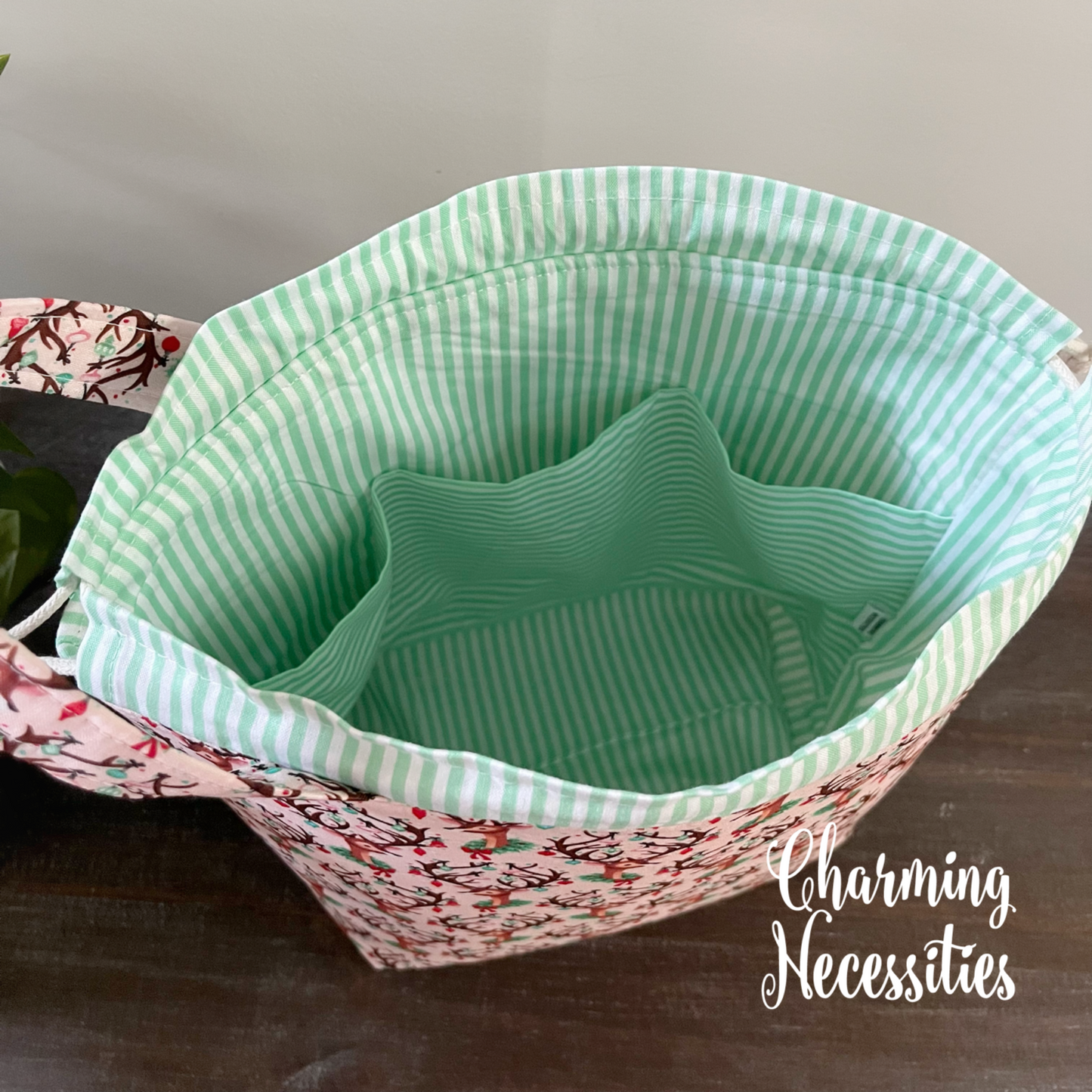 Knitting Project Bag, Retro Reindeer Drawstring Tote