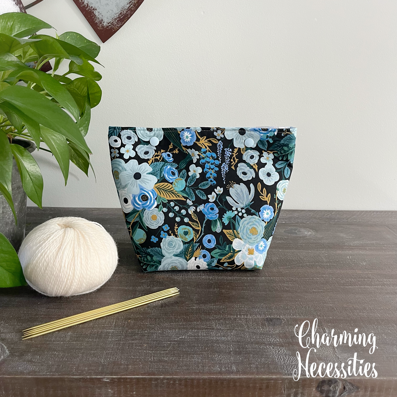 Small Snap Project Bag, Rifle Paper Co Garden Party Blue, Crochet Sewing Pouch, Gifts for Knitters Crocheters
