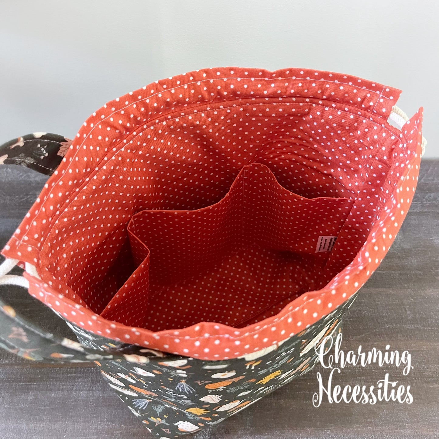 Knitting Project Bag, Fall Favorites on Dark Green Drawstring Tote Bag