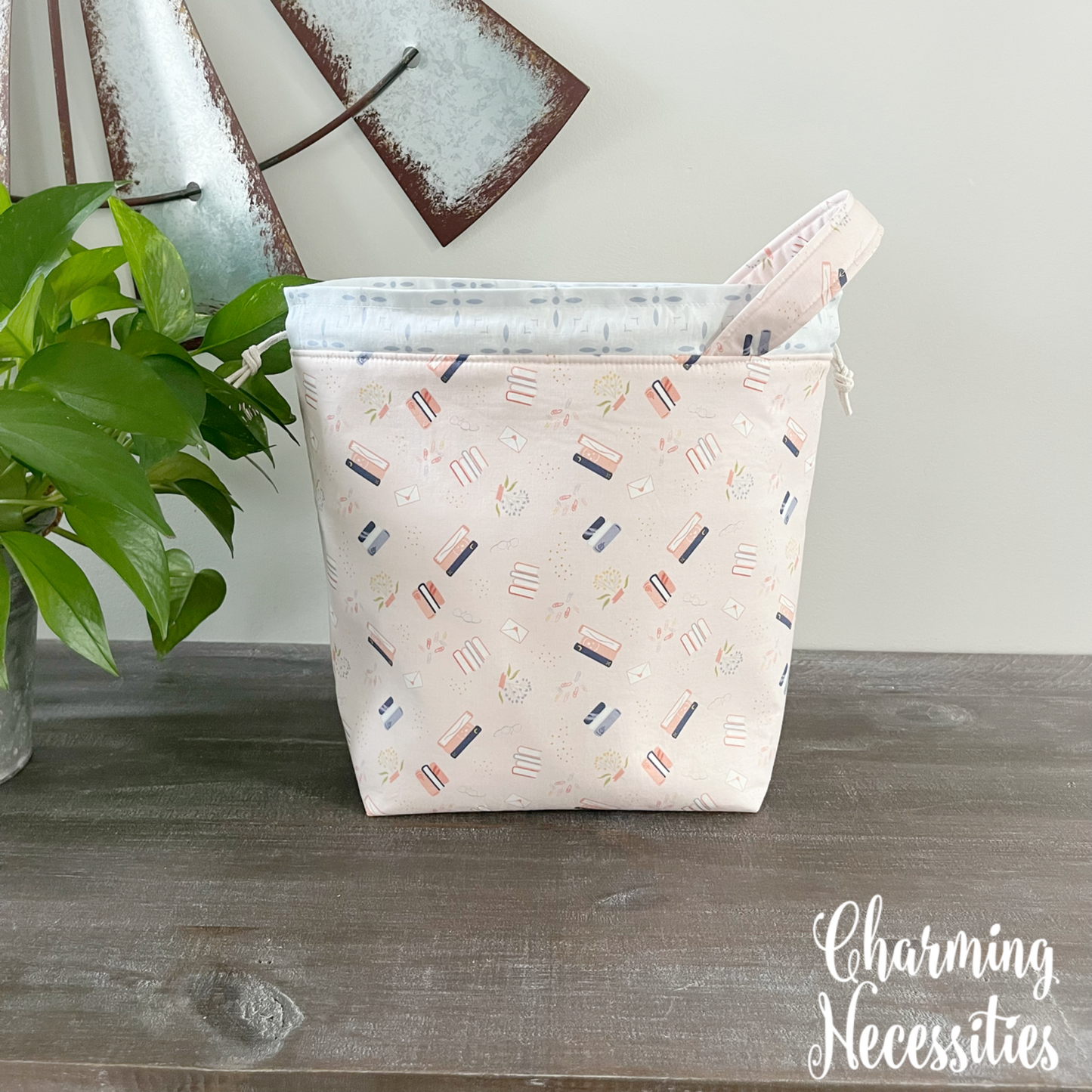 Knitting Project Bag, Books on Pink Drawstring Tote