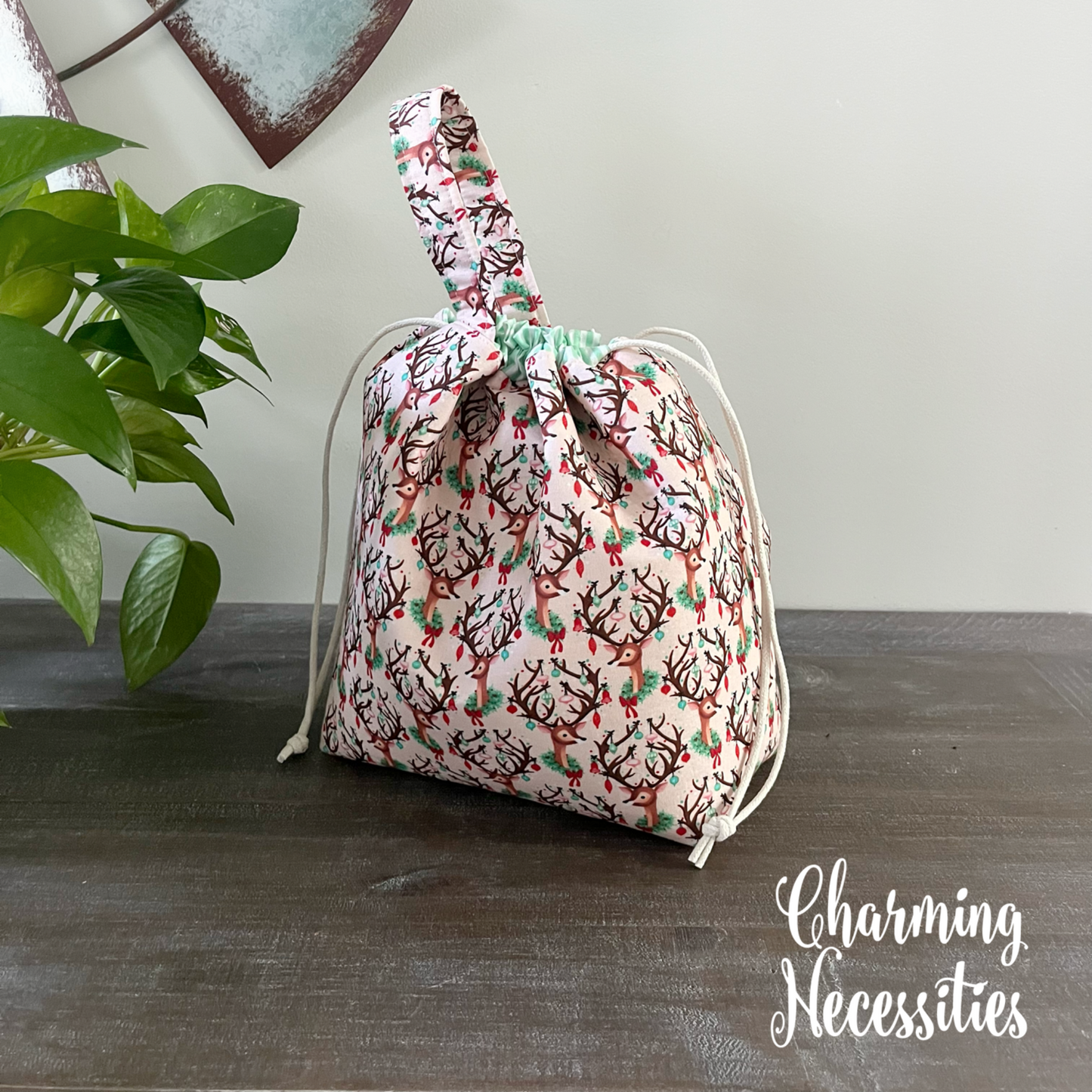 Knitting Project Bag, Retro Reindeer Drawstring Tote