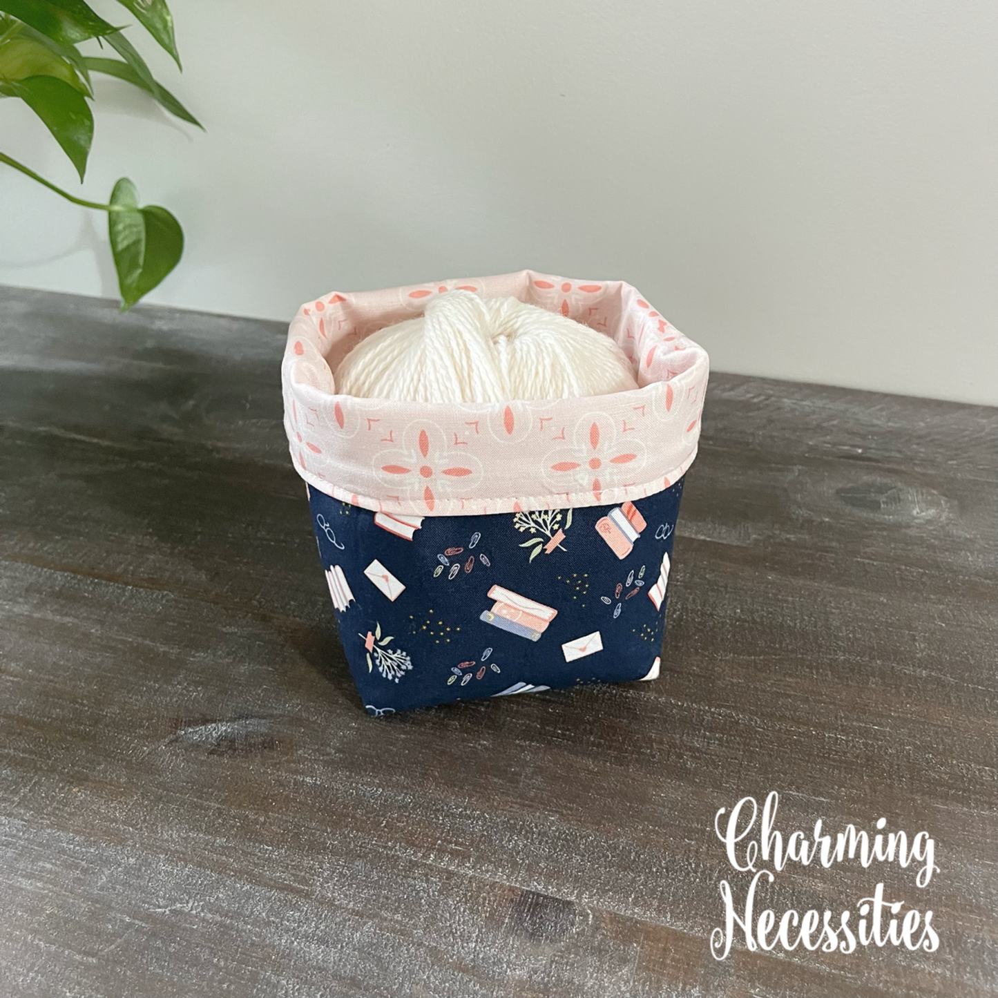 Yarn Bowl Cozy Basket, Books on Navy, Knitting Accessories Yarn Storage Organization