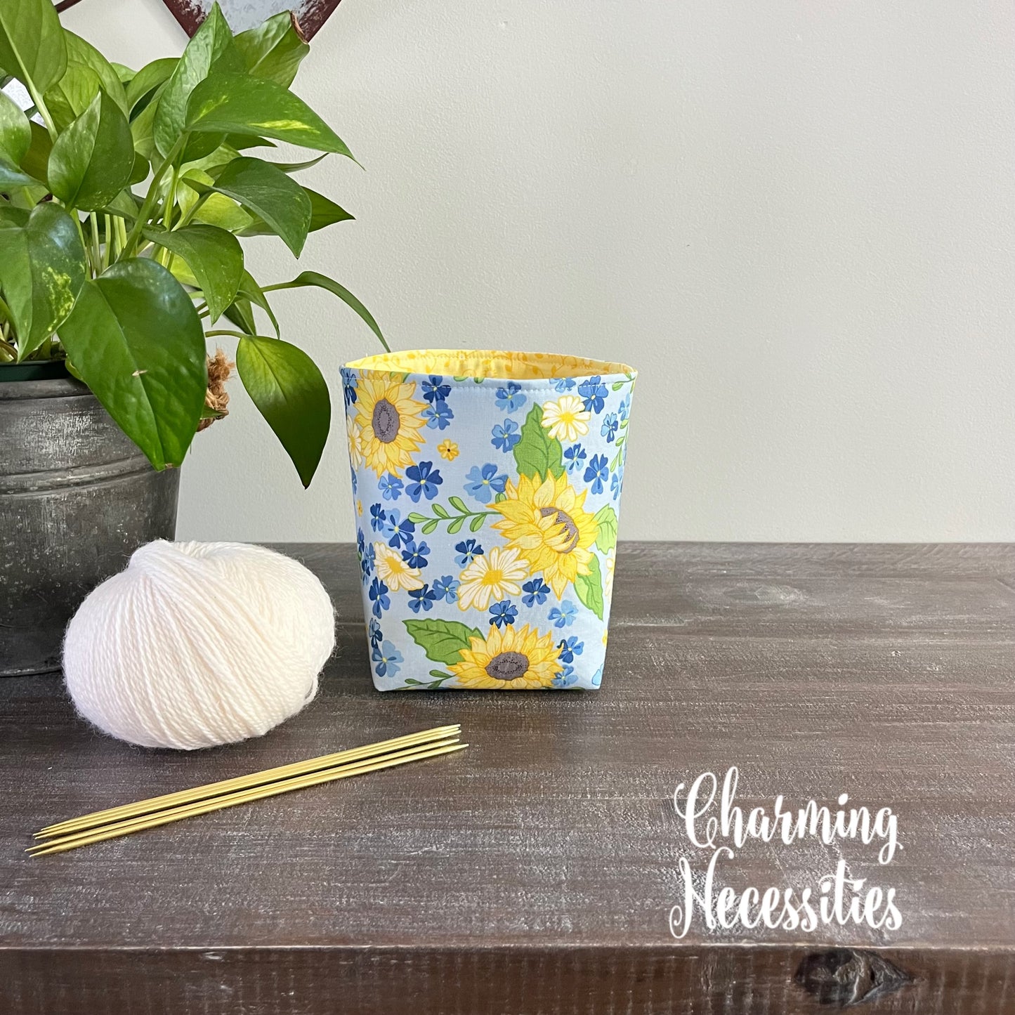 Yarn Bowl Cozy Basket, Sunflowers on Blue Knitting Accessories Yarn Storage Organization