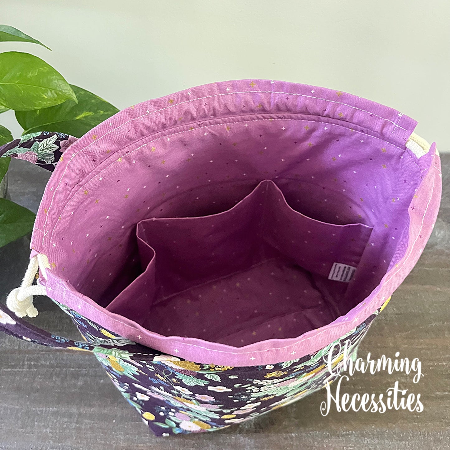 Knitting Project Bag, Rifle Paper Co Dahlia Aubergine Drawstring Tote