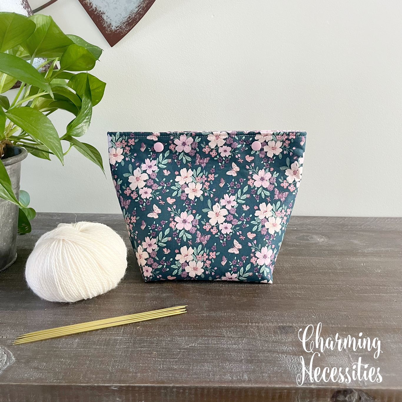 Small Snap Project Bag, Sock Knitting Bag Floral & Butterflies Dark Blue Tote, Crochet Sewing Pouch, Gifts for Knitters Crocheters