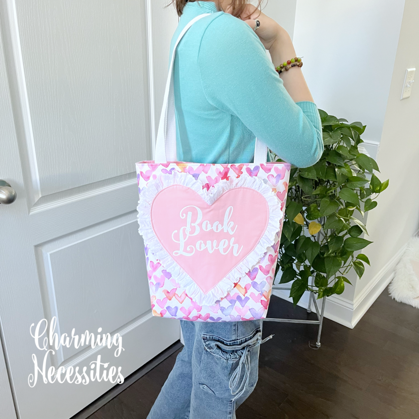 Book Lover Heart Tote Bag, Watercolor Hearts Bag by Charming Necessities