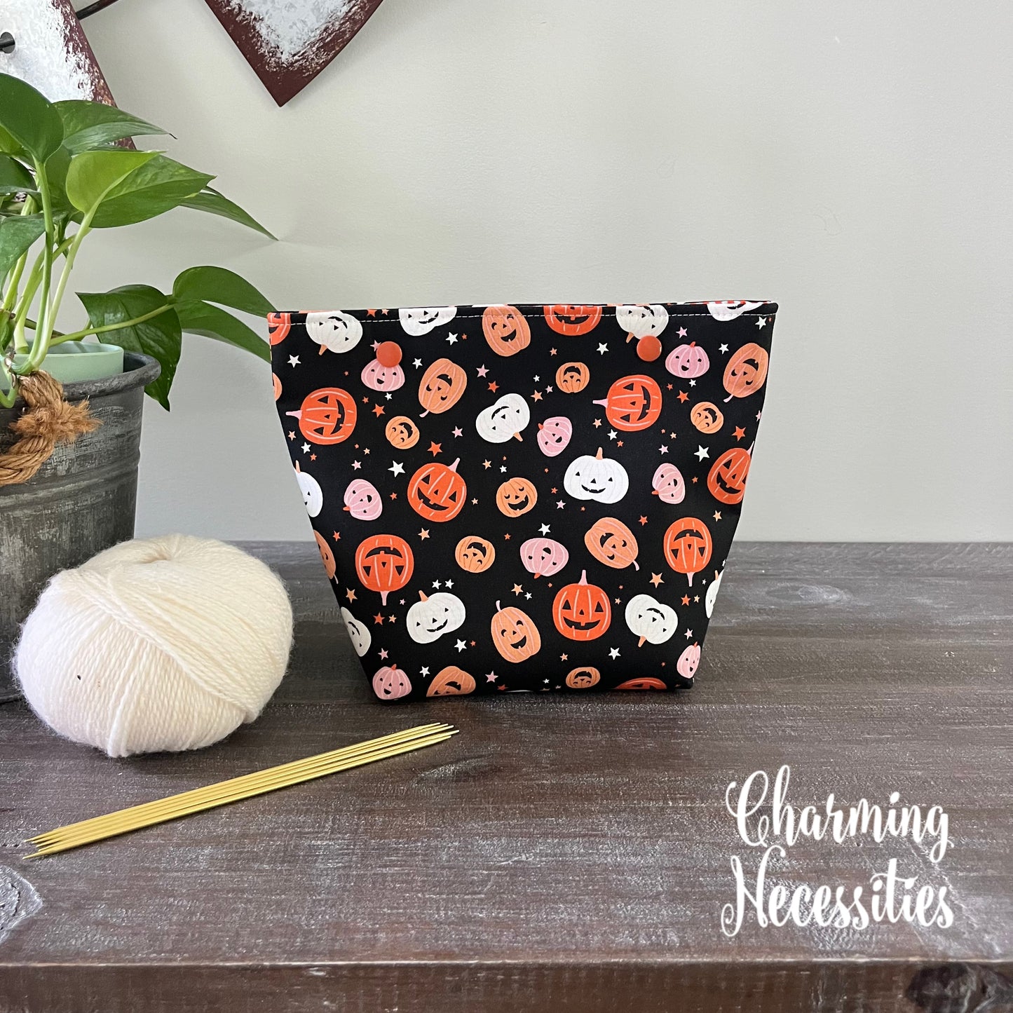 Small Snap Project Bag, Jack o Lanterns on Black Crochet Pouch, Gifts for Knitters Crocheters