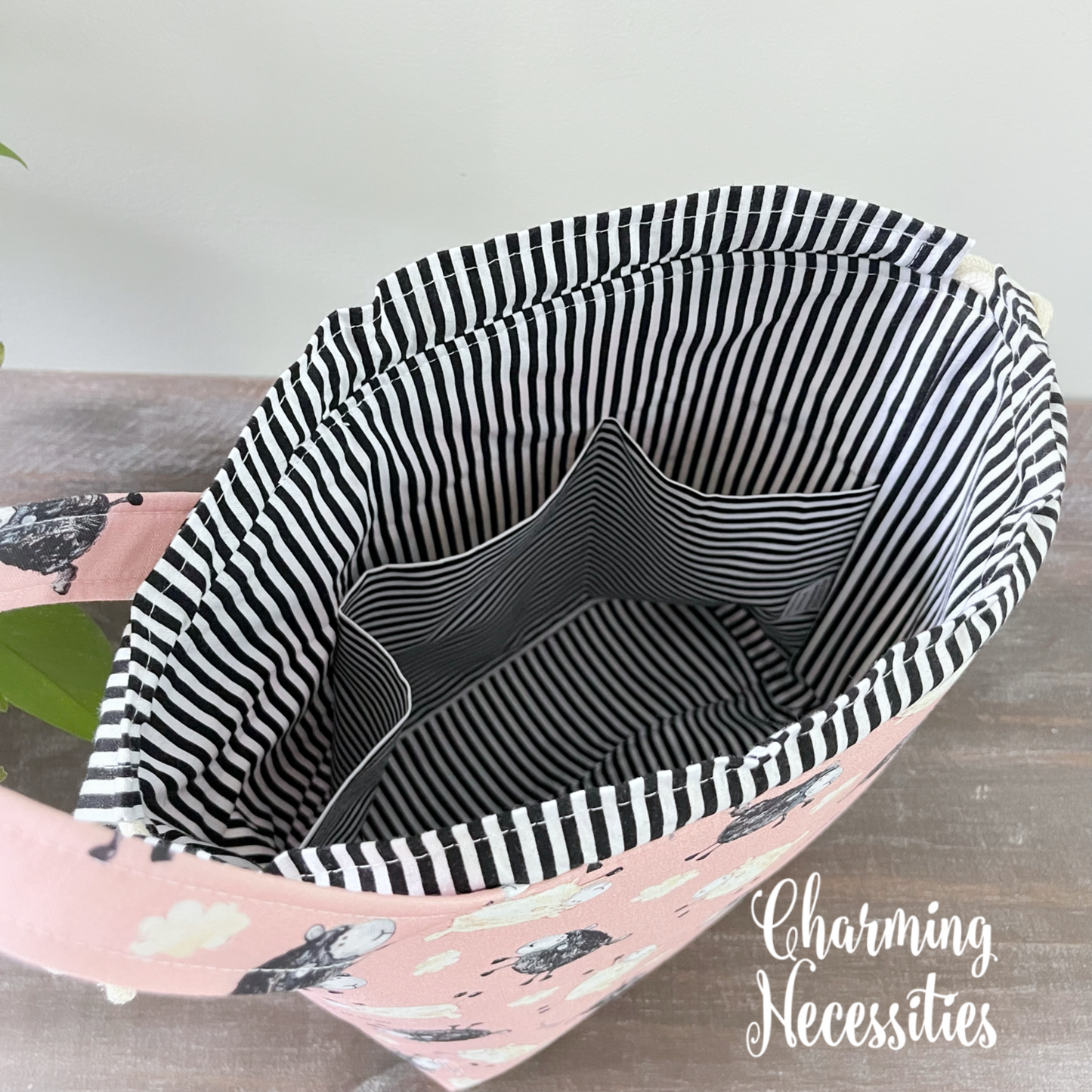 Knitting Project Bag, Sheep Pink and Black Drawstring Tote Bag