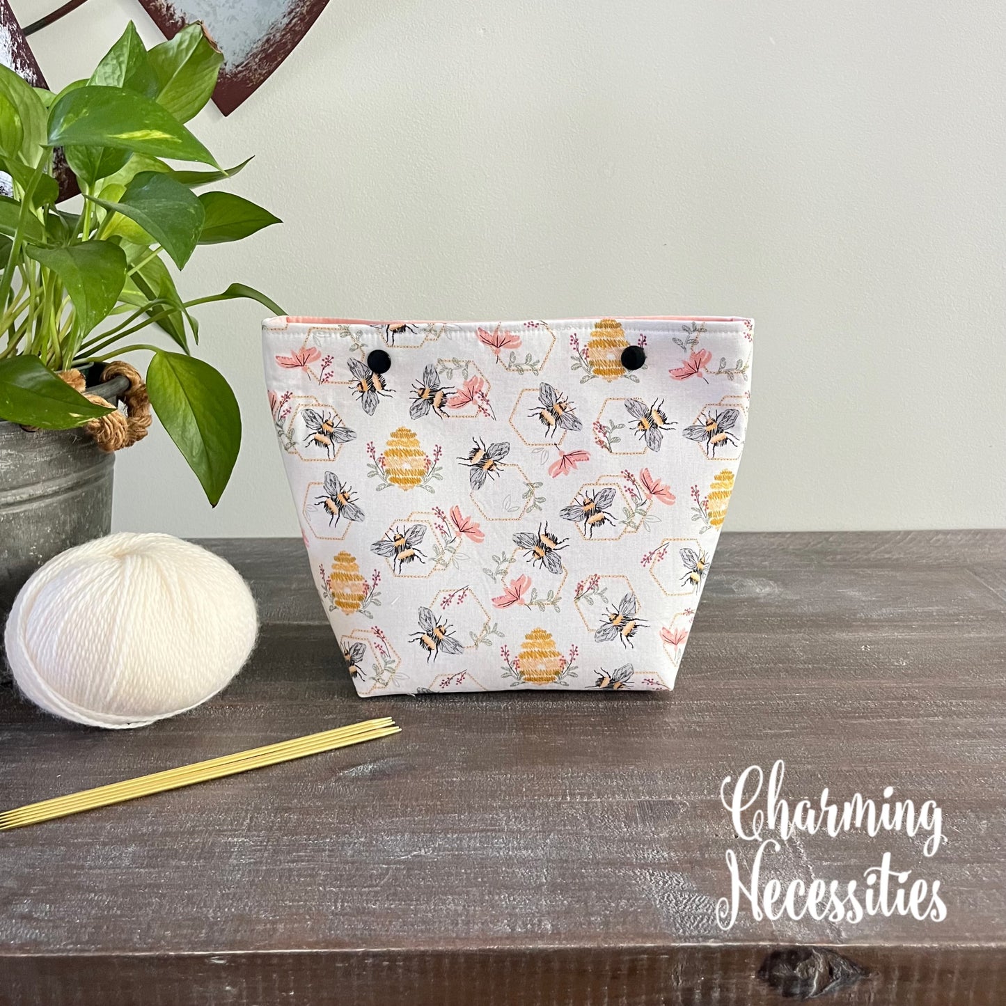 Small Snap Project Bag, Honey Bees and Beehives Crochet Sewing Pouch, Gifts for Knitters Crocheters