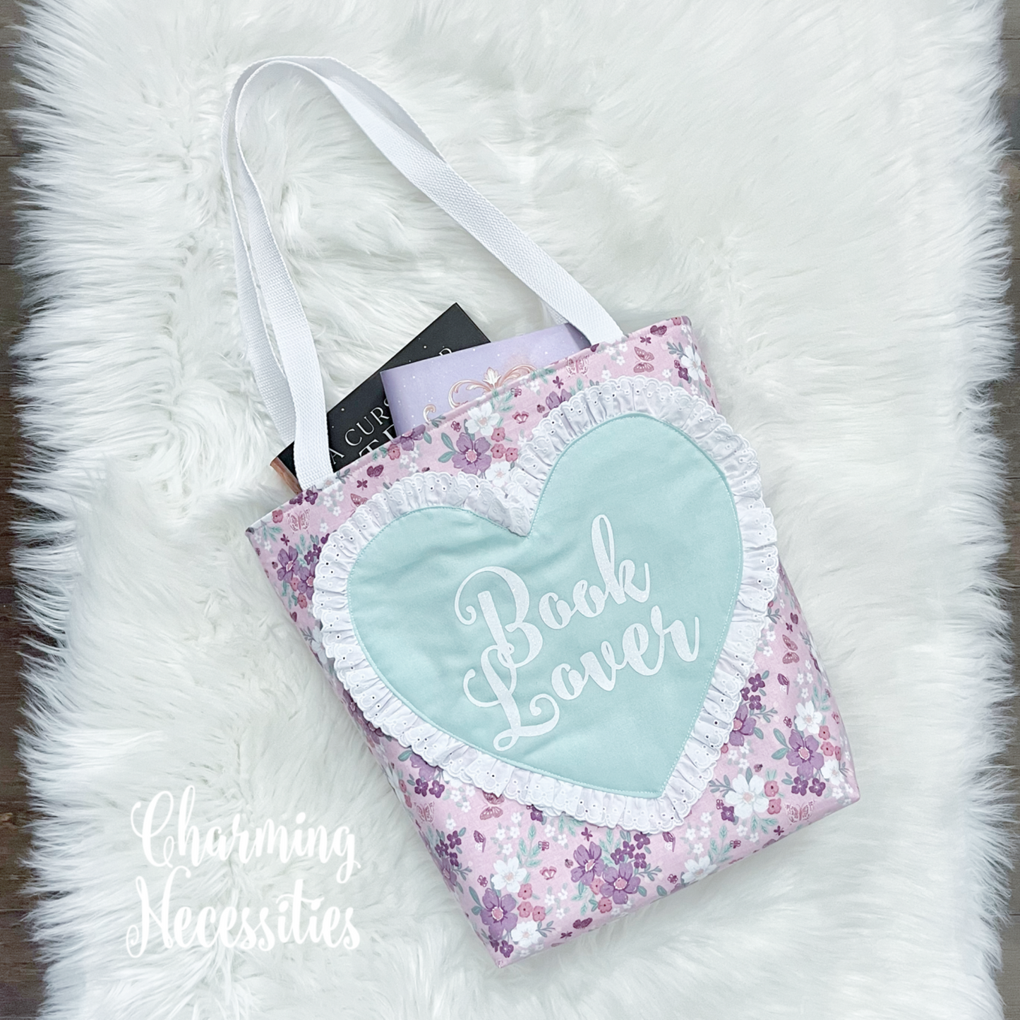 Book Lover Heart Tote Bag, Floral Butterflies Pink Mint Bag by Charming Necessities