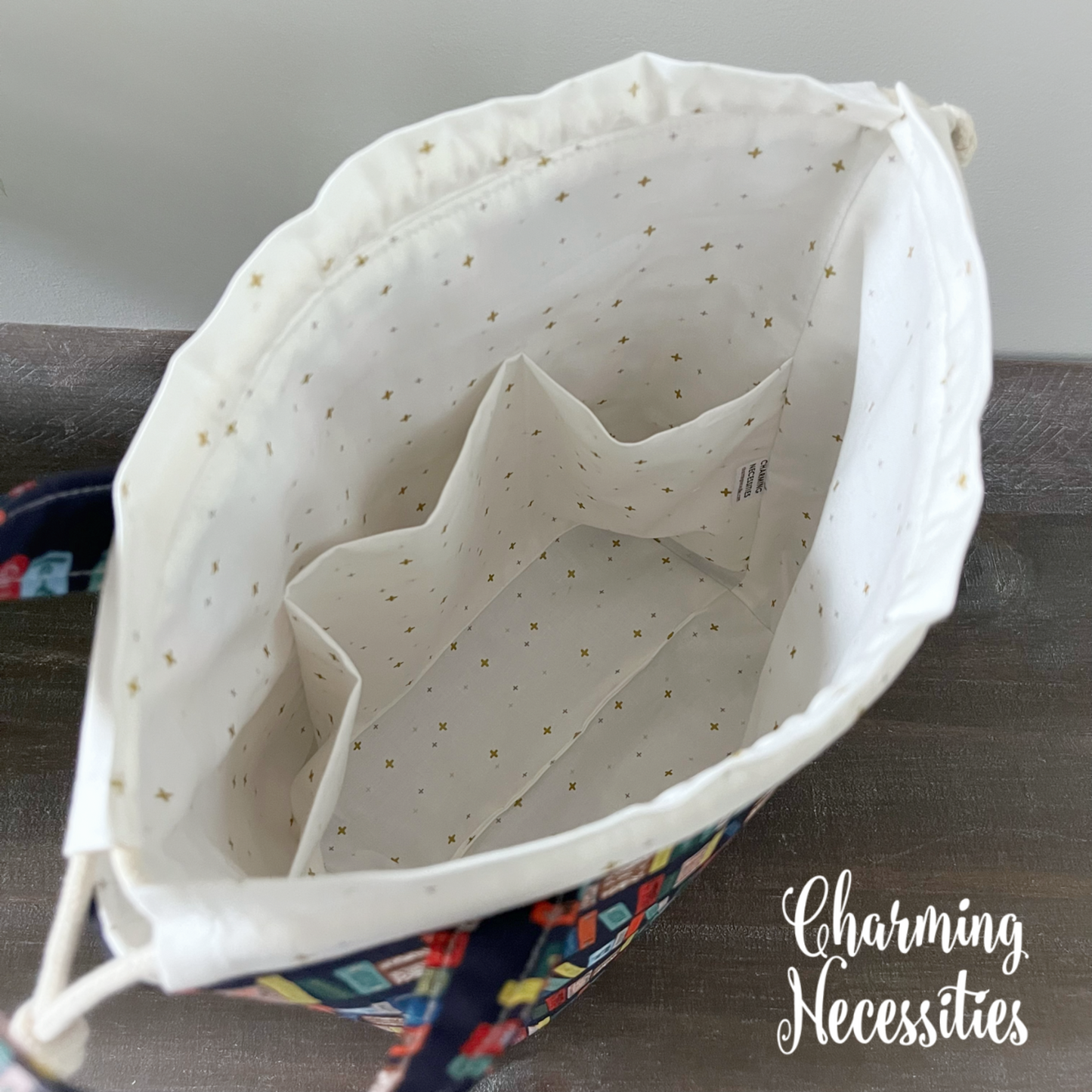 Knitting Project Bag, Rifle Paper Co Book Club on Navy Drawstring Tote