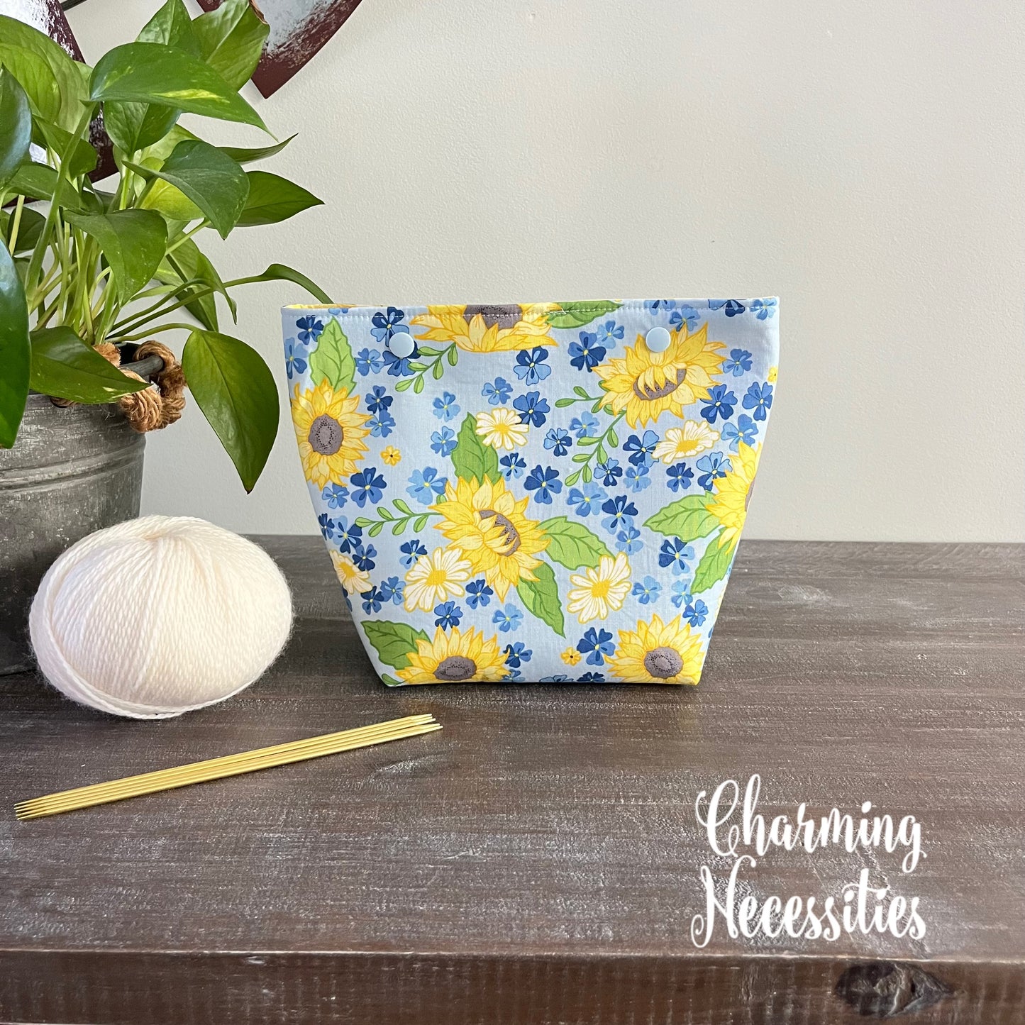 Small Snap Project Bag, Sunflowers on Blue Crochet Sewing Pouch, Gifts for Knitters Crocheters