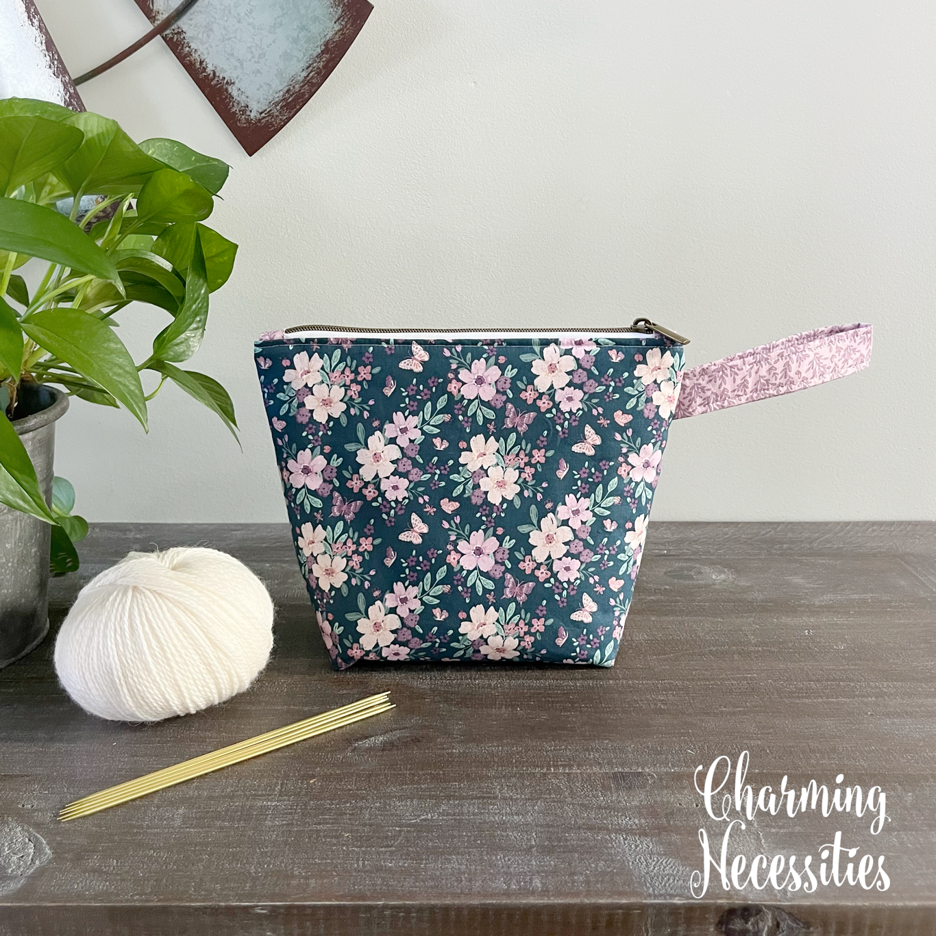 Small Zipper Project Bag, Sock Knitting Bag Floral & Butterflies Dark Blue Tote, Crochet Sewing Pouch, Gifts for Knitters Crocheters