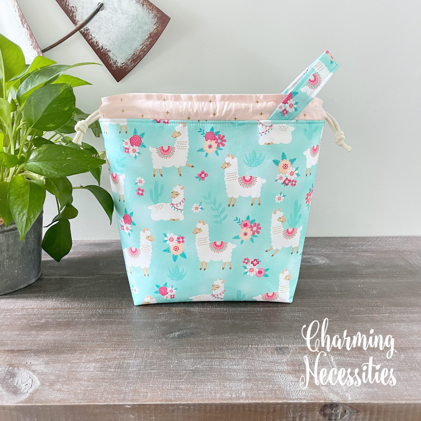 Knitting Project Bag, Llamas on Blue Drawstring Tote Bag