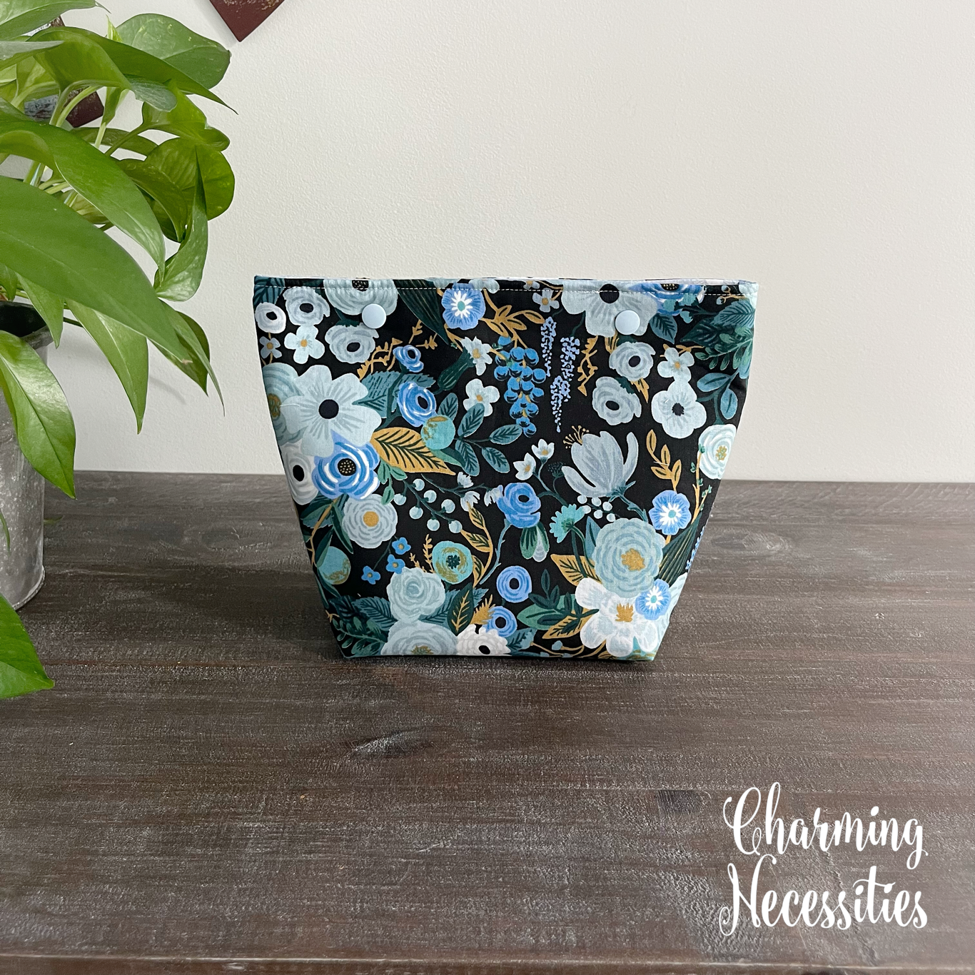 Small Snap Project Bag, Rifle Paper Co Garden Party Blue, Crochet Sewing Pouch, Gifts for Knitters Crocheters