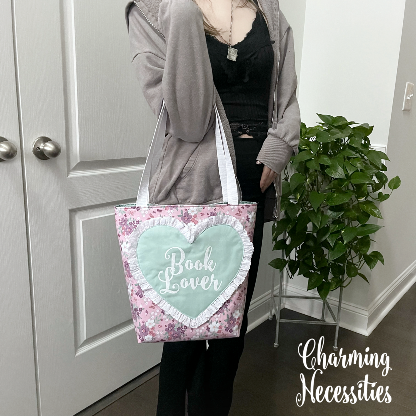 Book Lover Heart Tote Bag, Floral Butterflies Pink Mint Bag by Charming Necessities