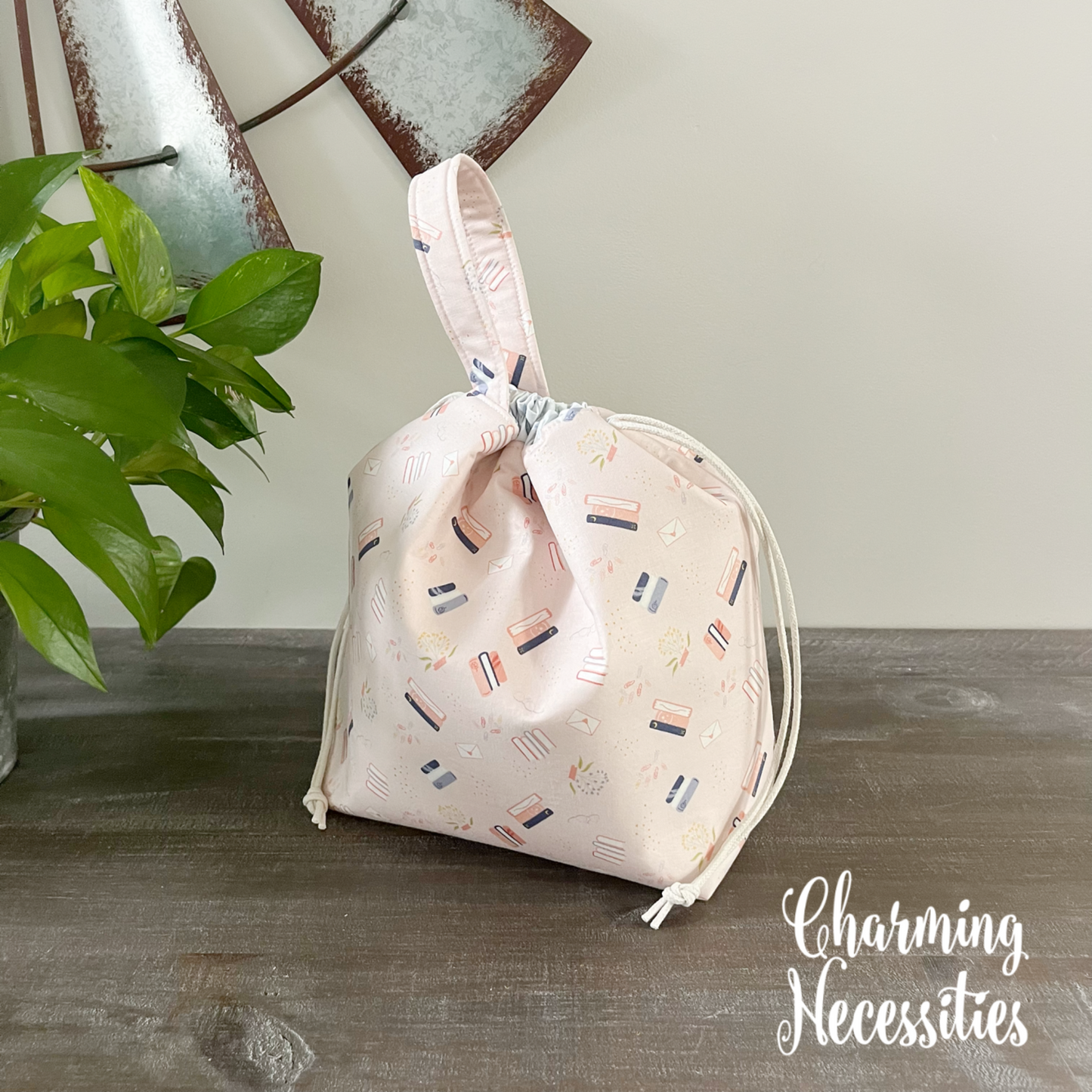 Knitting Project Bag, Books on Pink Drawstring Tote