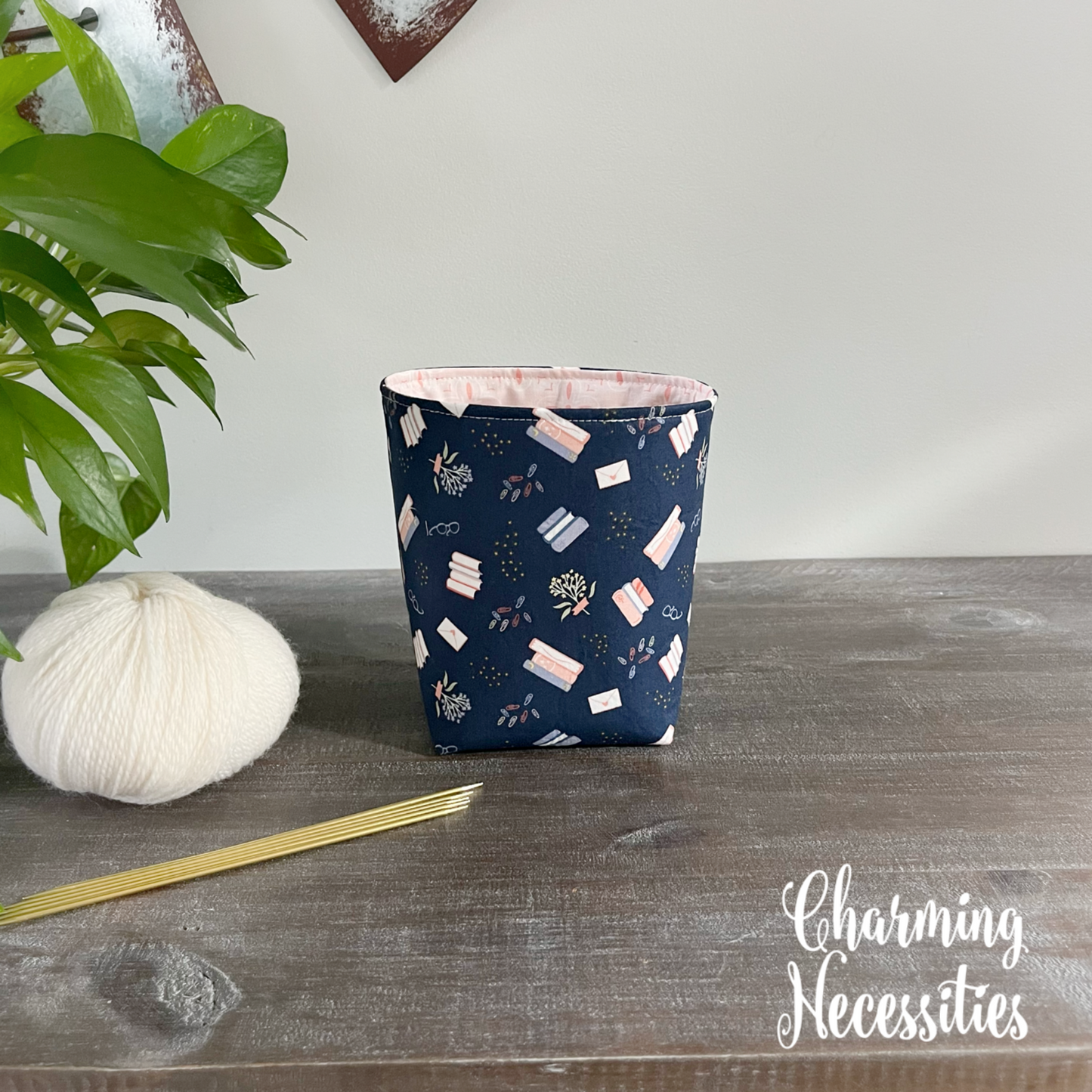 Yarn Bowl Cozy Basket, Books on Navy, Knitting Accessories Yarn Storage Organization