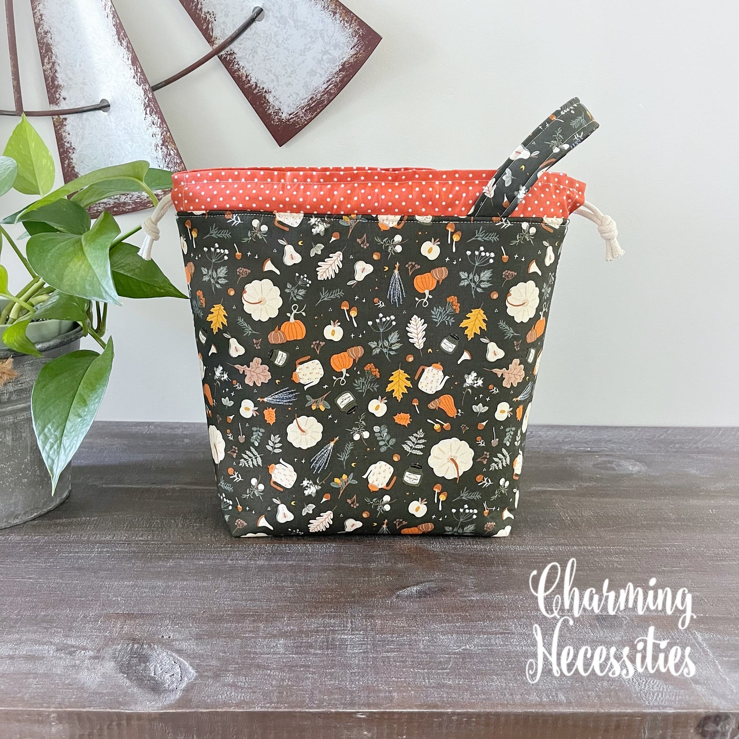 Knitting Project Bag, Fall Favorites on Dark Green Drawstring Tote Bag