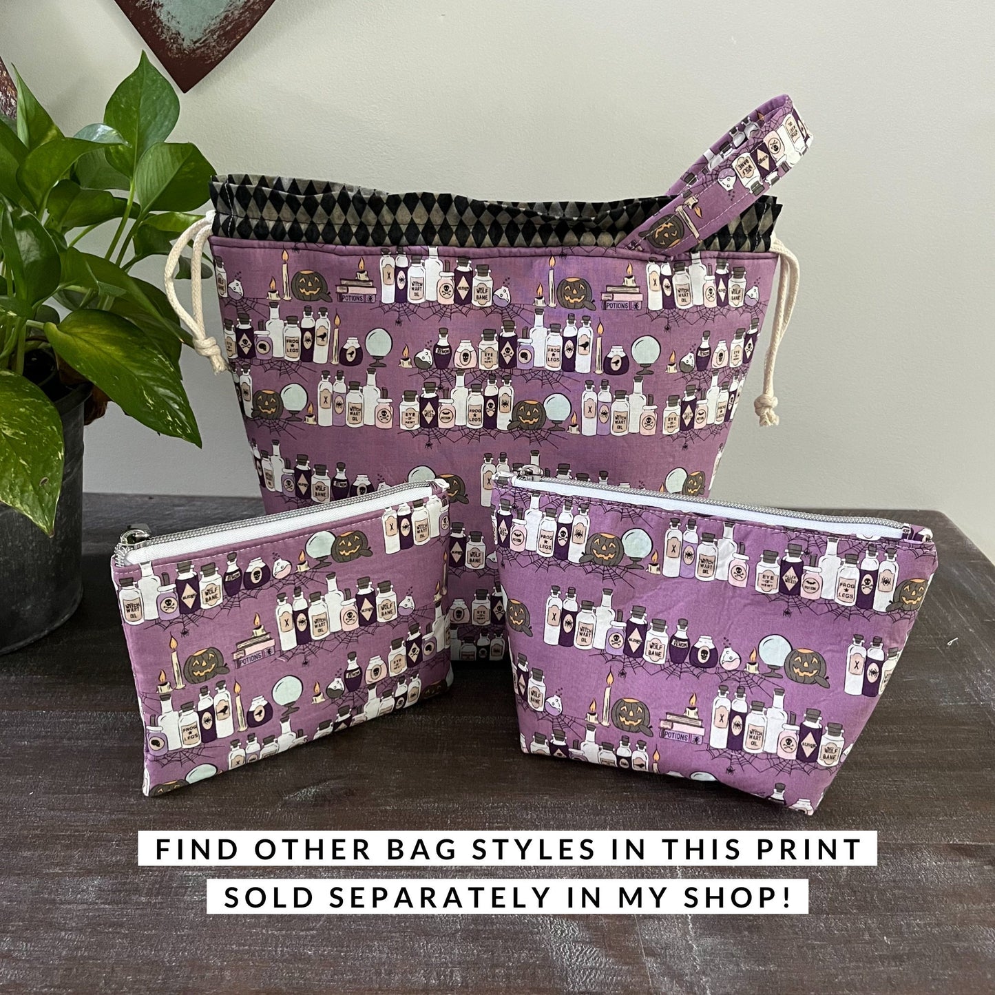 Halloween Knitting Project Bag, Witchy Spooky Potions Halloween Tote, Crochet Sewing Pouch, Gifts for Her Knitters