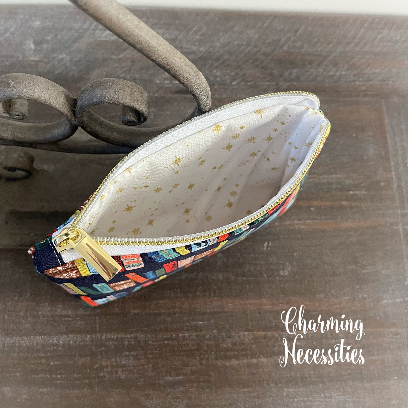 Notions Zipper Pouch, Rifle Paper Co Curio Book Club Navy, Essentials Oils Pouch, Small Organization Bag Book Lovers