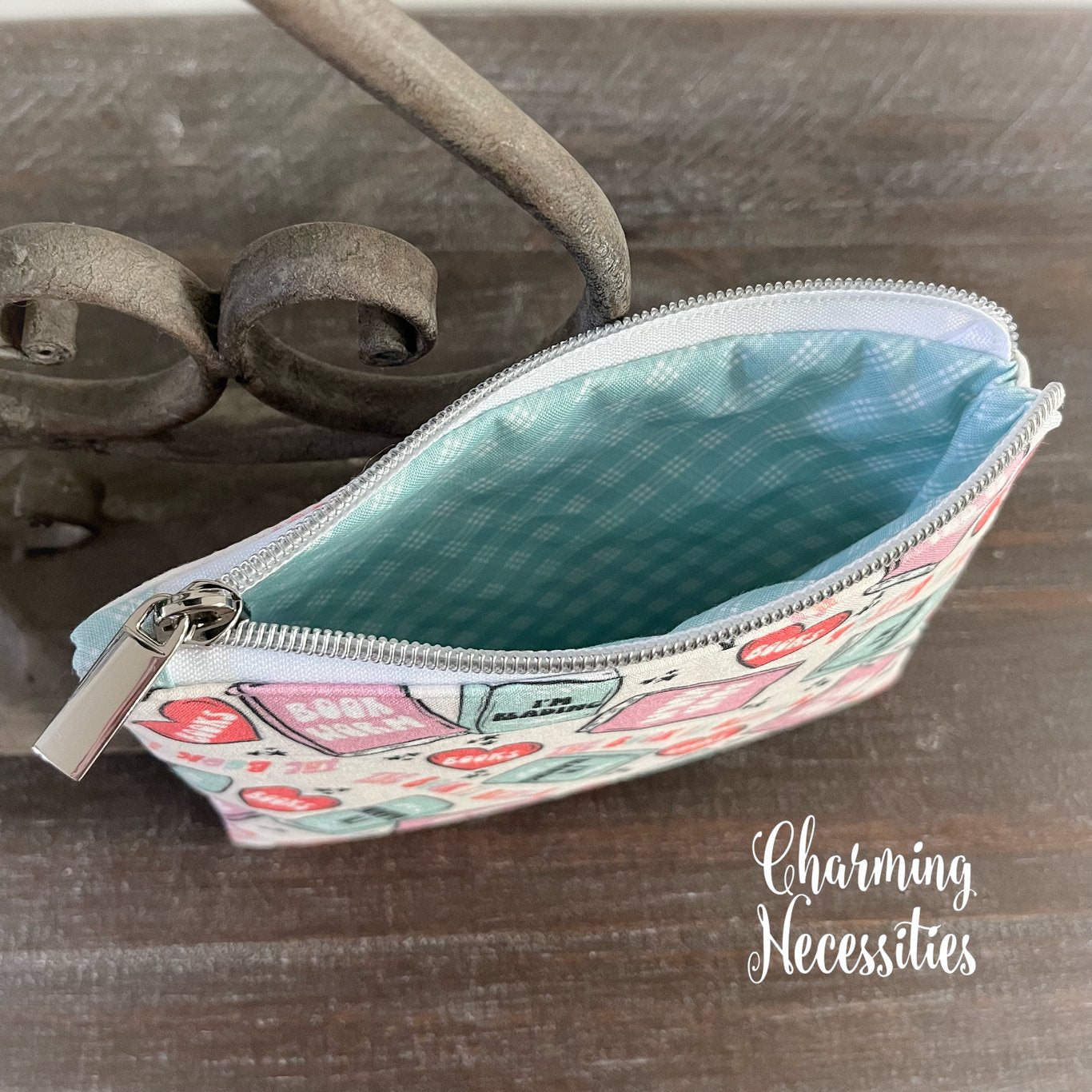 Notions Zipper Pouch, Book Worm, Small Organization Bag Book Lovers
