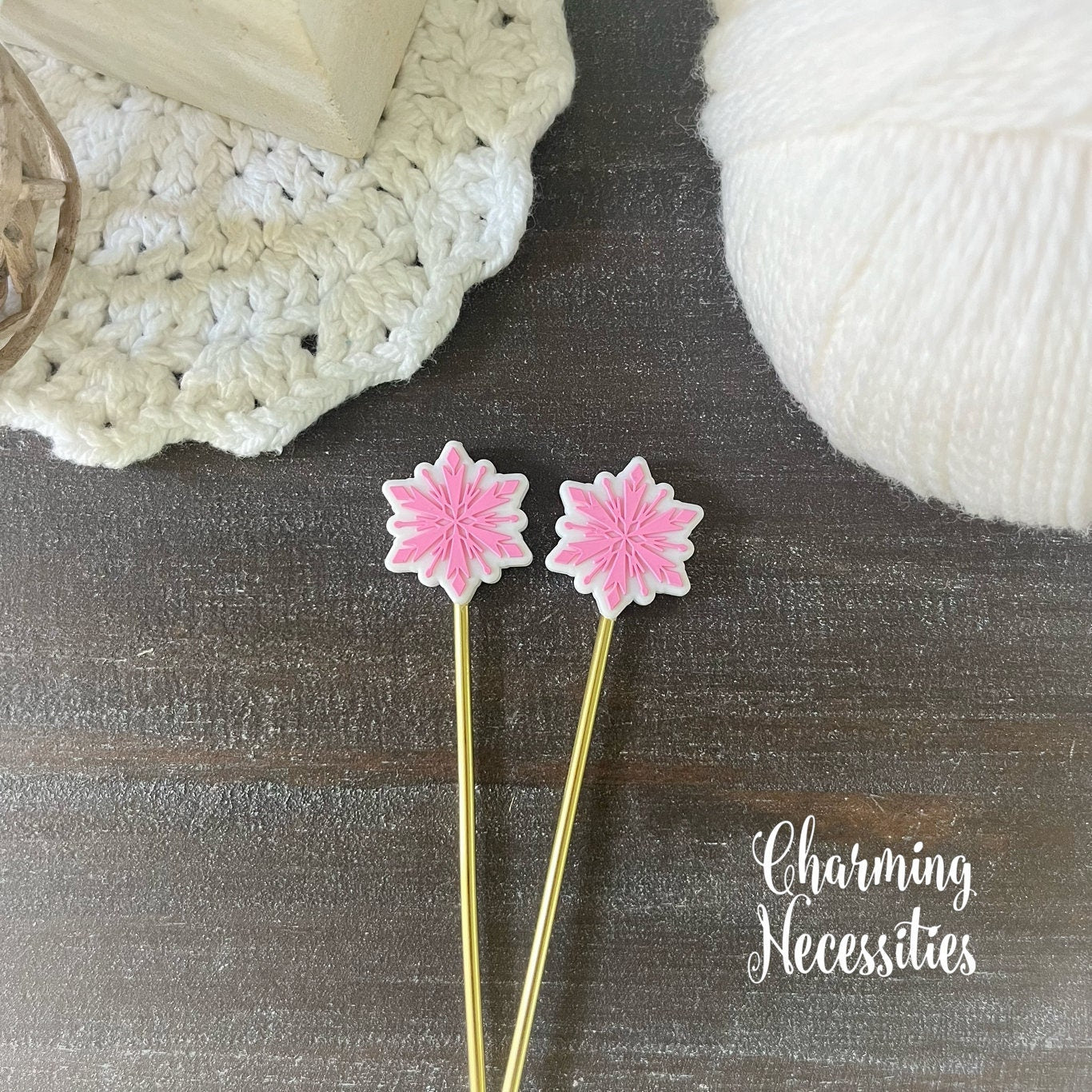 Pink Snowflake Stitch Stoppers, Winter Theme Knitting Accessories, Stitch Holders Needle Protectors, Gifts for Knitters under 10