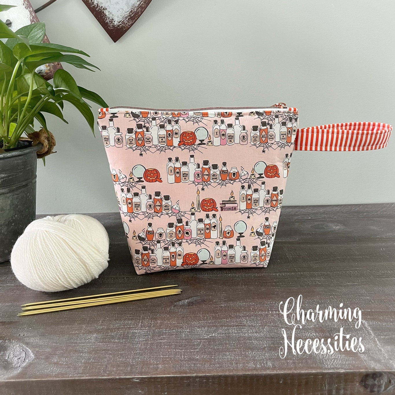 Small Zipper Knitting Bag, Halloween Potions Pink Sock Project Bag Tote
